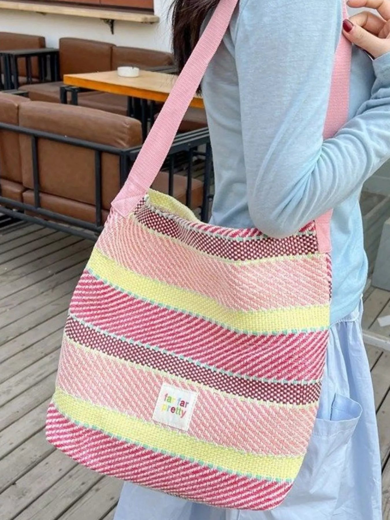Striped Woven Shoulder Bag with Adjustable Strap