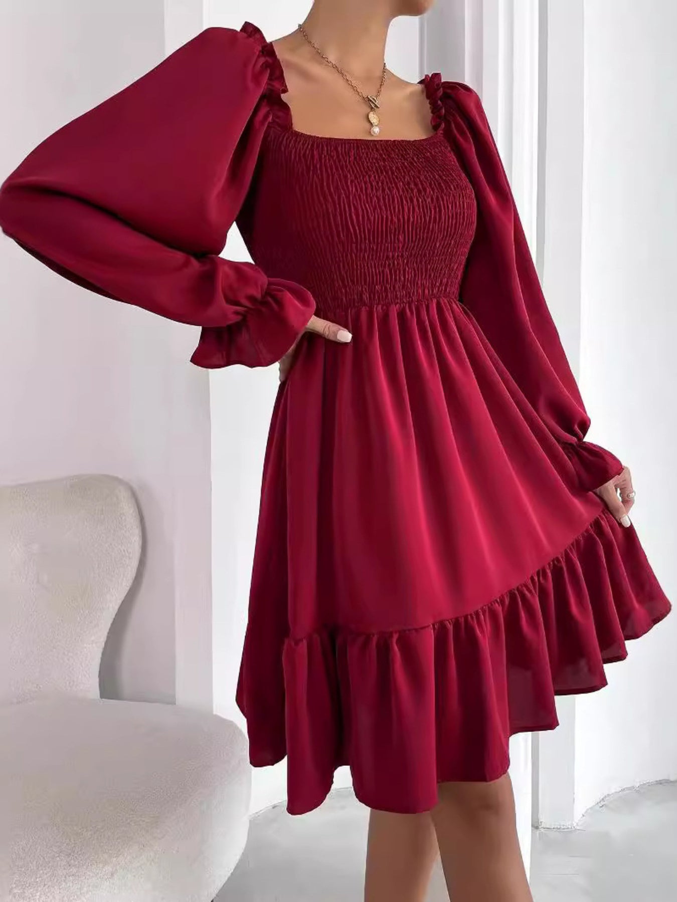Smocked Flounce Sleeve Mini Dress