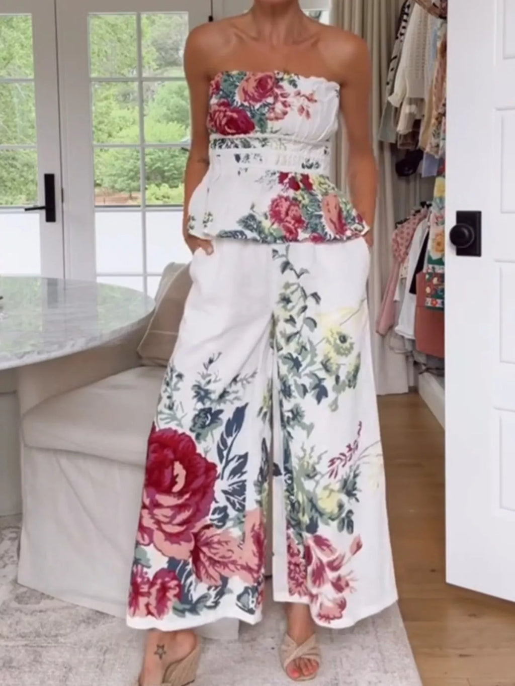 Floral Print Strapless Top and Wide-Leg Pants Set