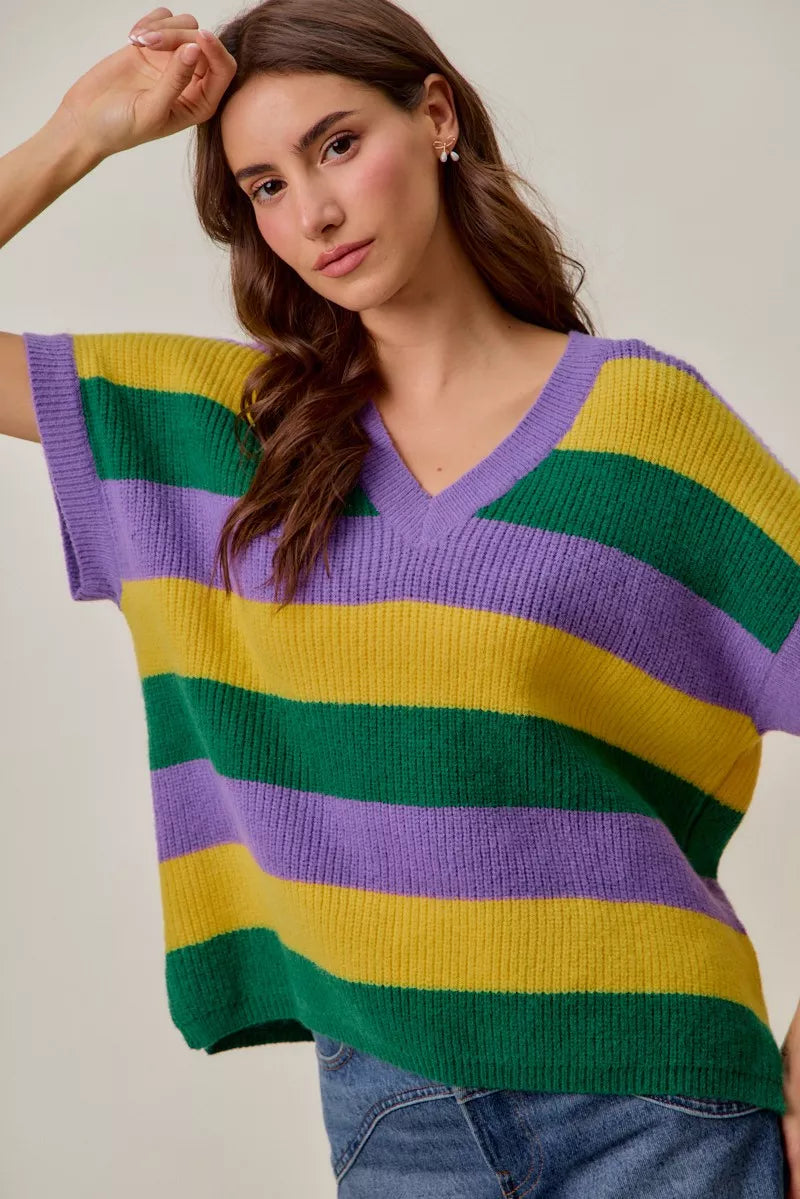 SO ME Mardi Gras Loose Fit V Neck Stripe Sweater Top