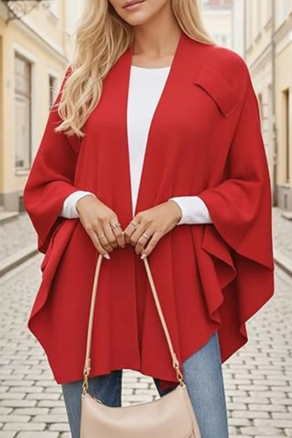Draped Knitted Split Cape Shawl with Strap