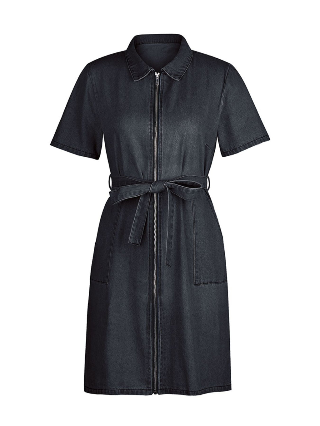 Zip Front Short Sleeve Denim Dress