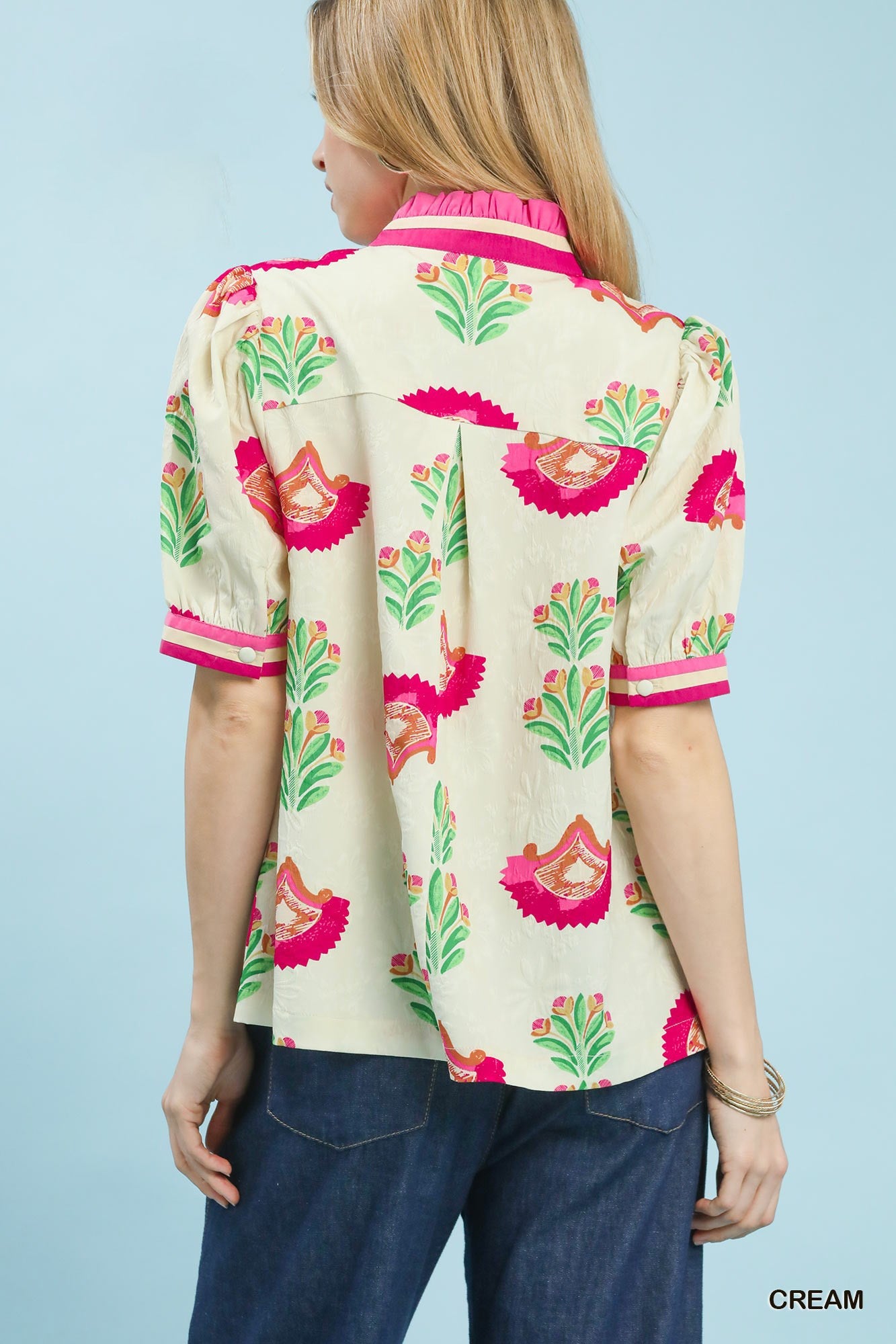 Umgee Print Puff Sleeve Blouse with Contrast Trim