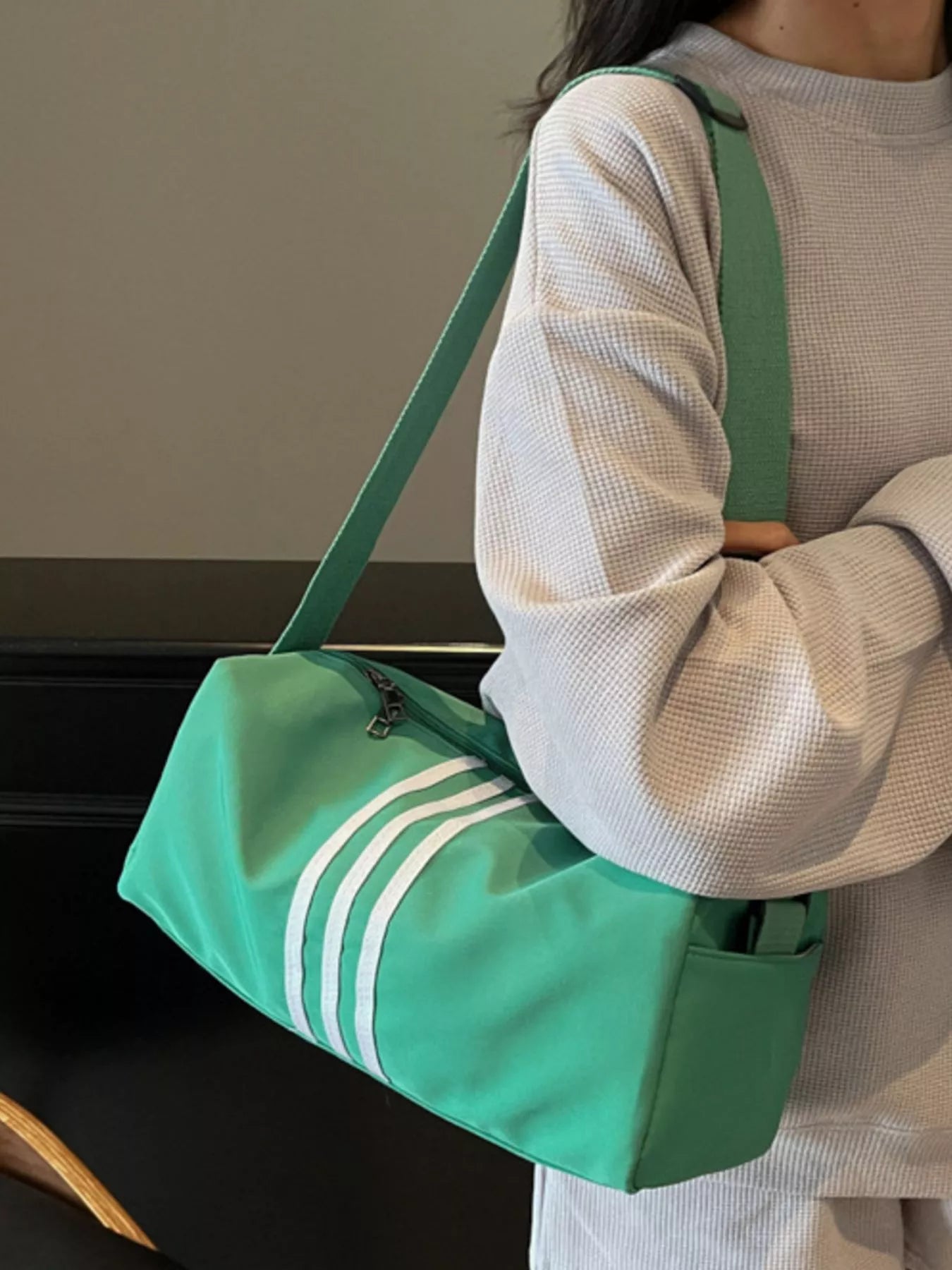 Striped Adjustable Strap Duffel Bag