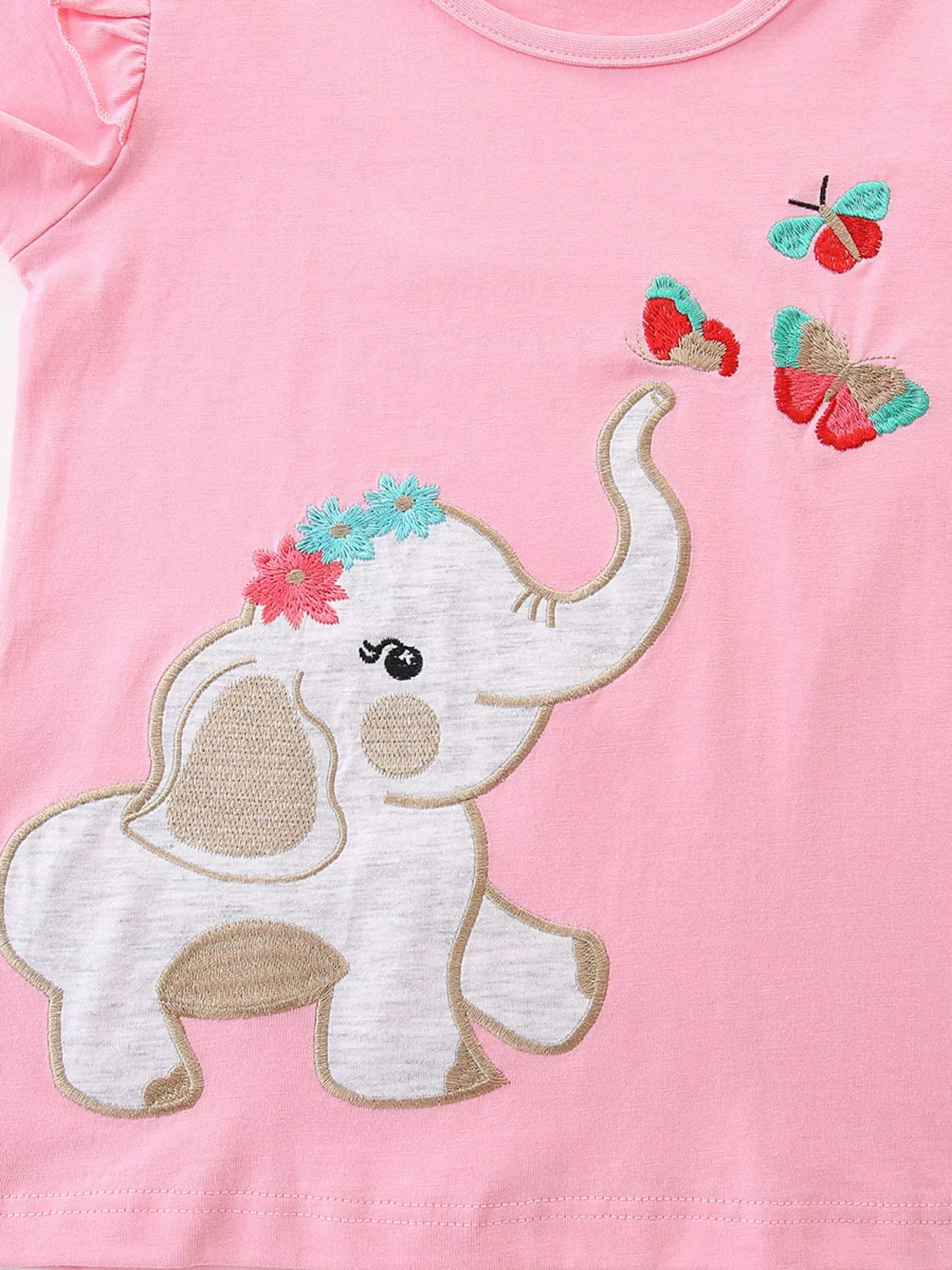 Children's Elephant & Butterfly Embroidered T-shirt and Shorts Set