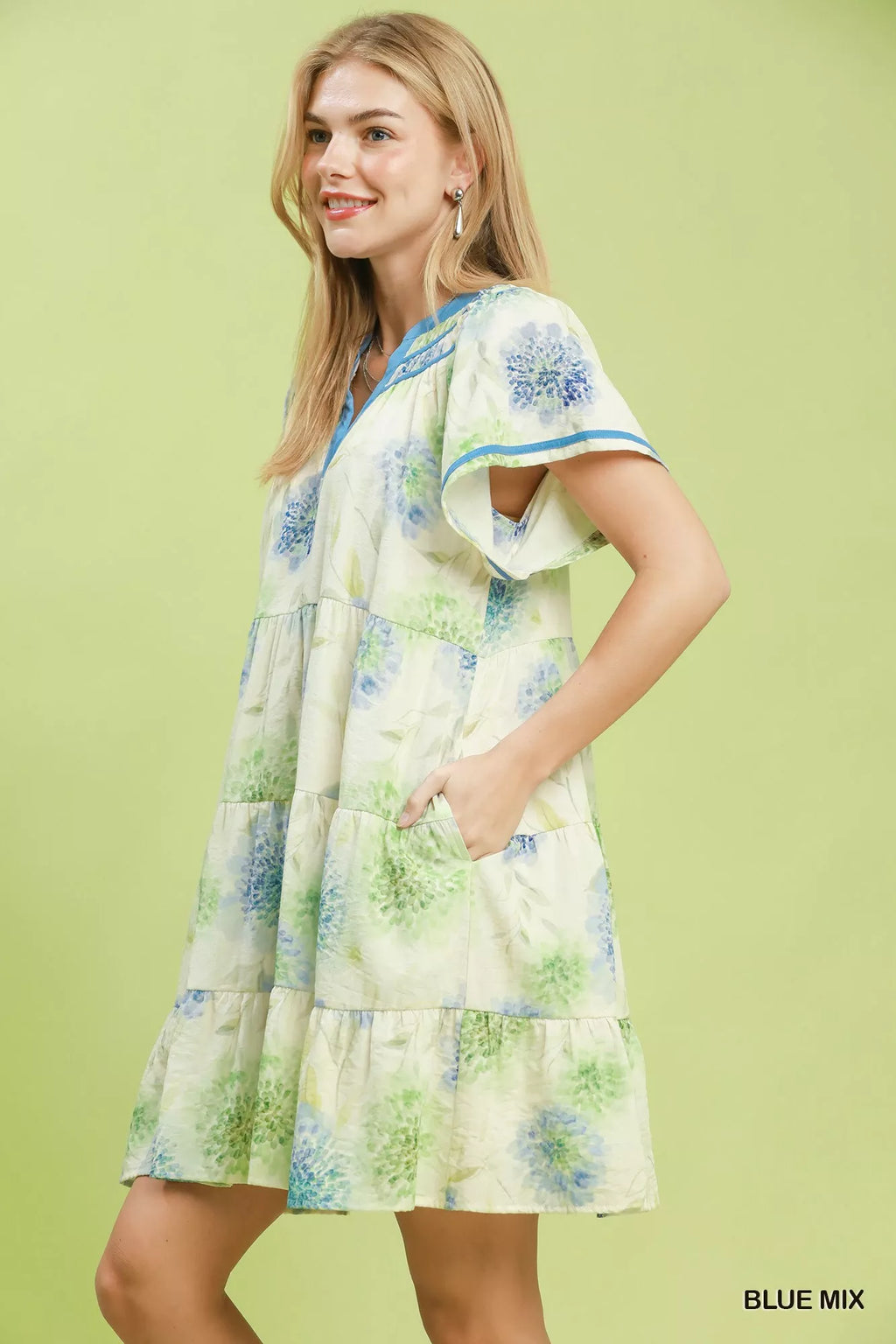 Umgee Floral Print Contrast Trim Tiered Babydoll Dress