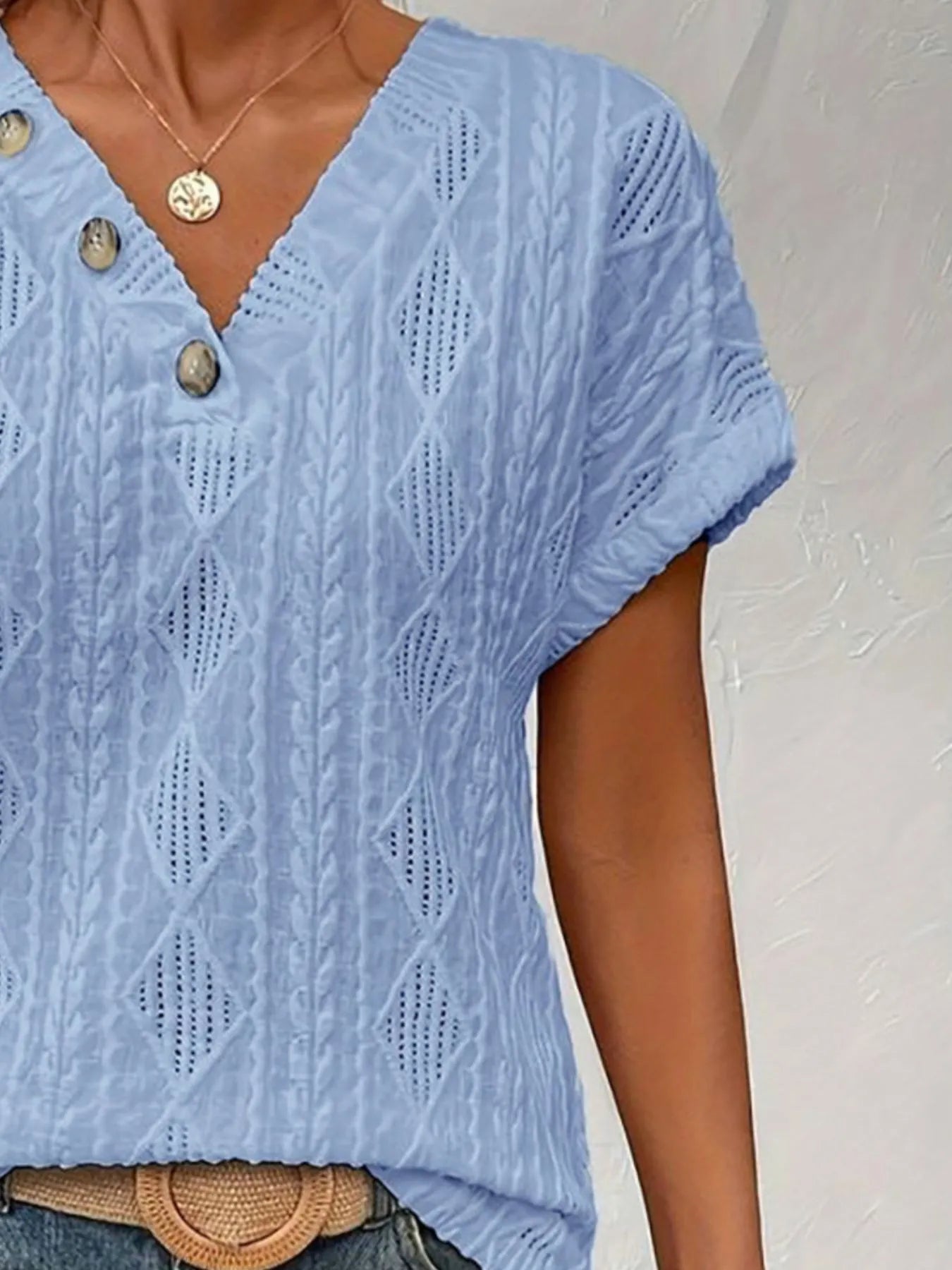 Textured V-Neck Short Sleeve Top