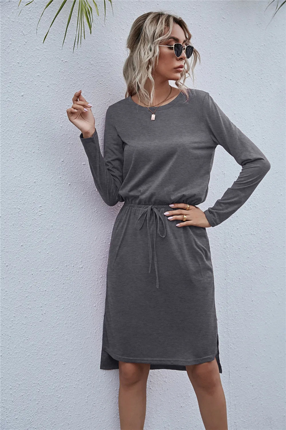 Drawstring Waist Round Neck Long Sleeve Dress