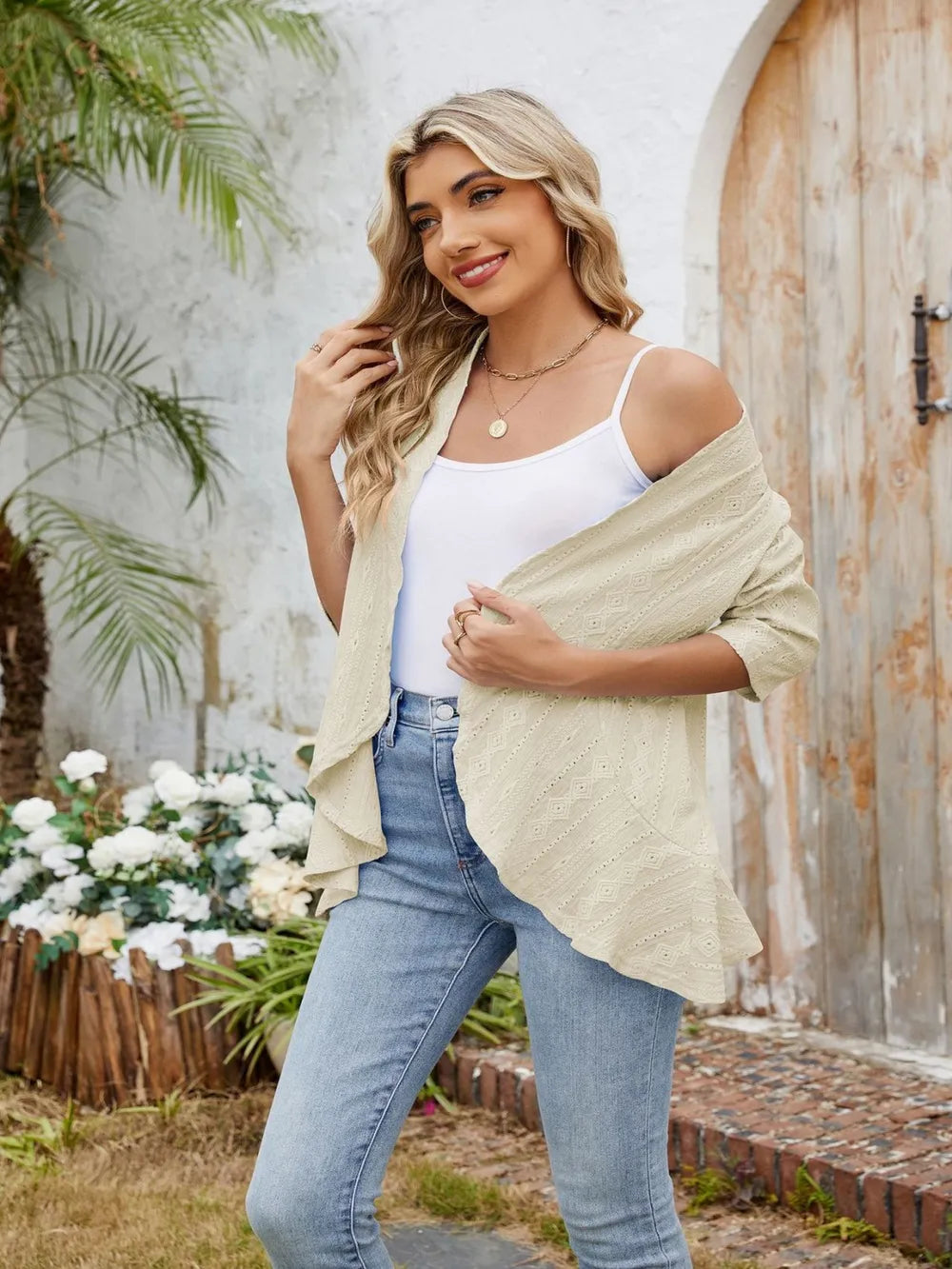 Eyelet Open Front Three-Quarter Sleeve Top