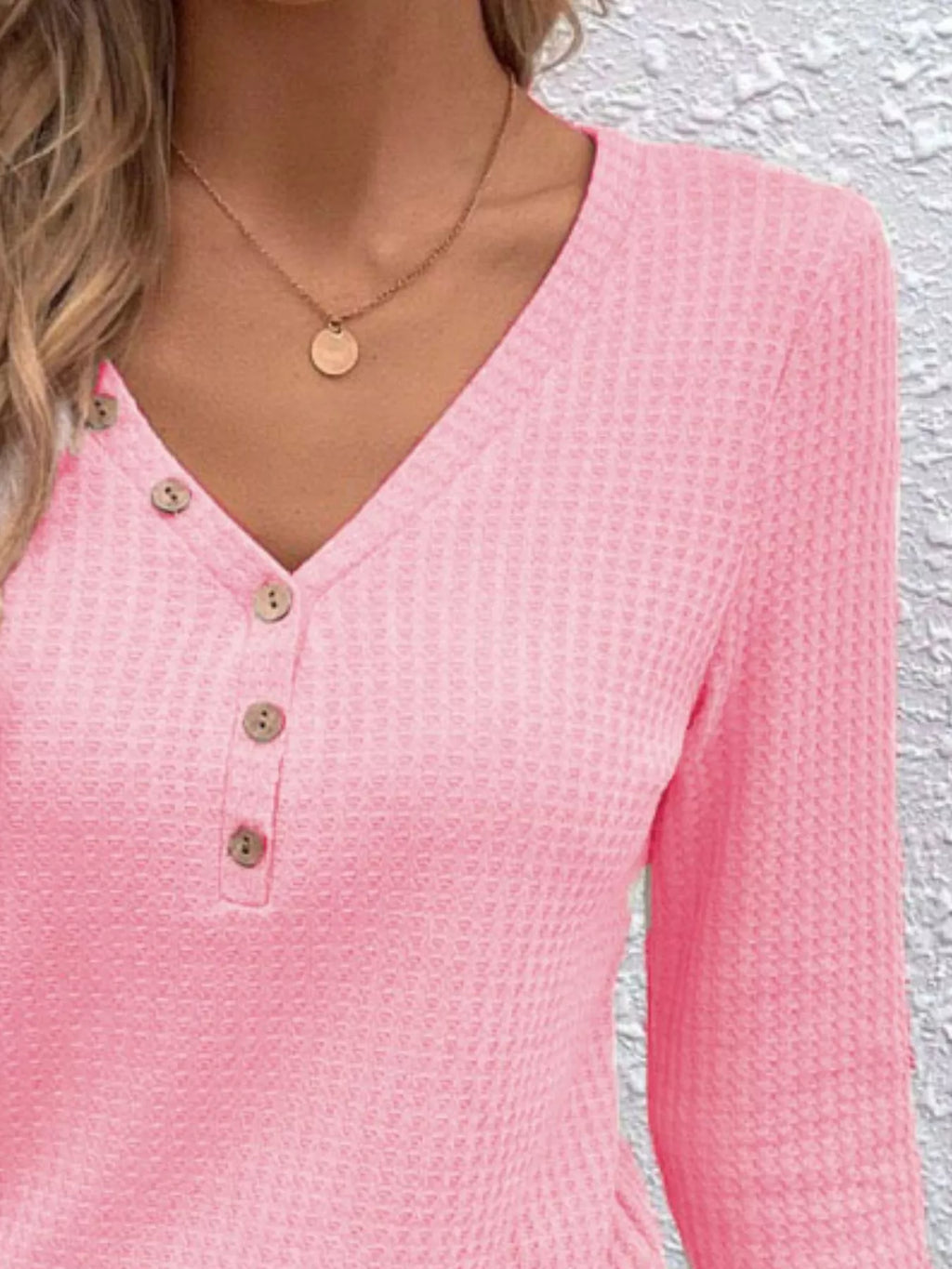 Waffle Knit Button-Detail V-Neck T-Shirt