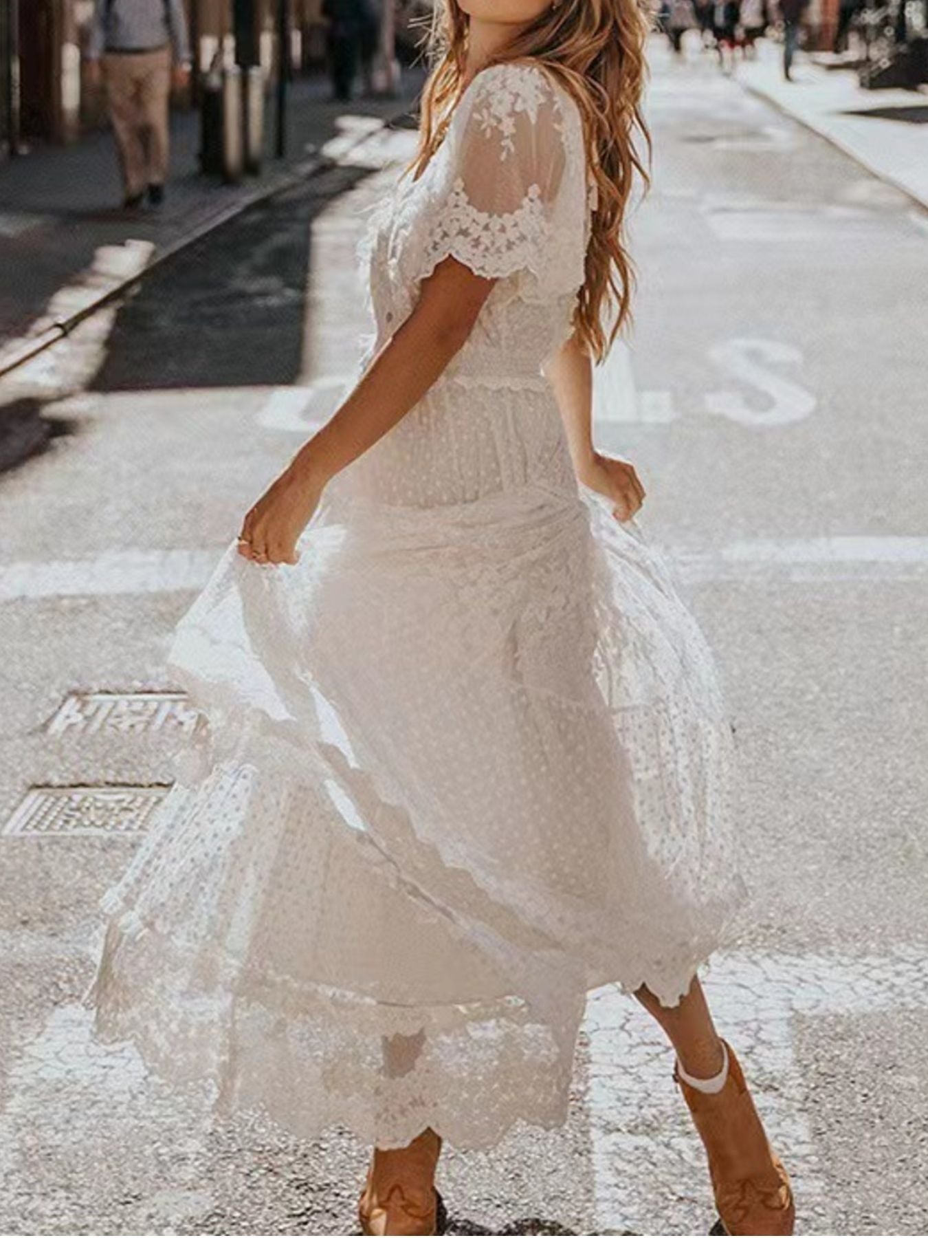 Full Size Lace Bohemian Short Sleeve Maxi Dress Plus Size