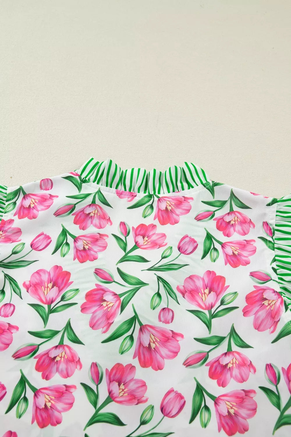Floral Print Striped Ruffle Trim V Neck Blouse