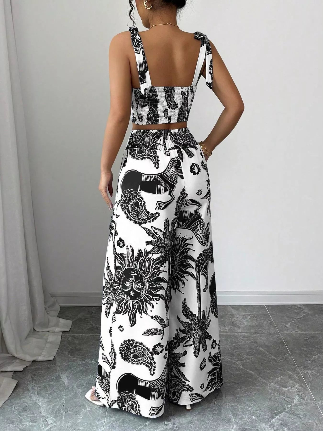 Floral Print Crop Top and Wide Leg Pants Set