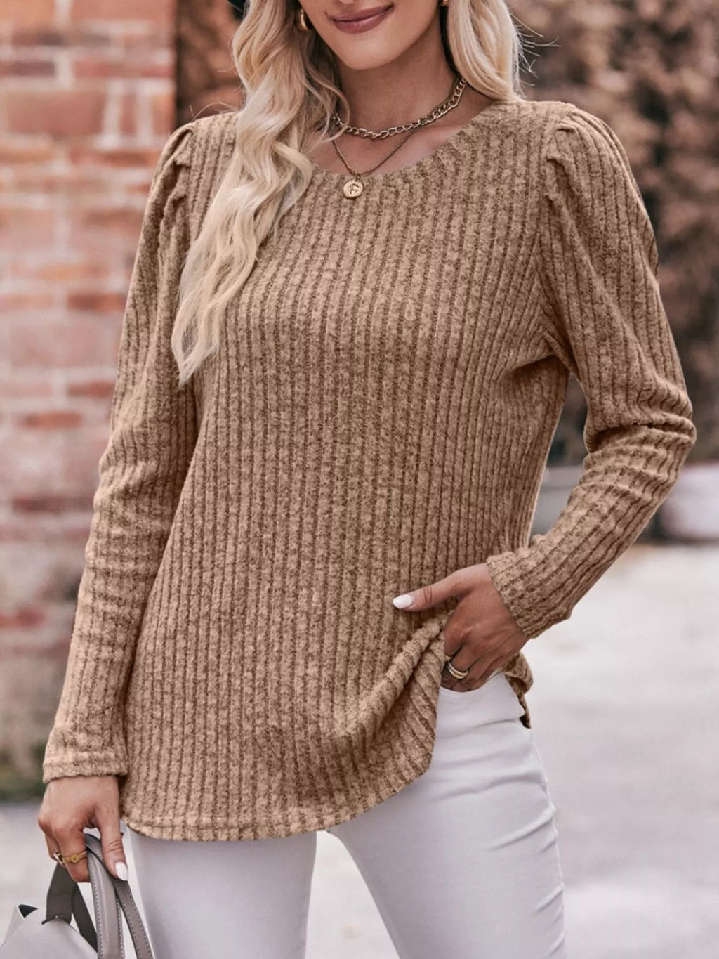 Ribbed Knit Puff Sleeve T-Shirt