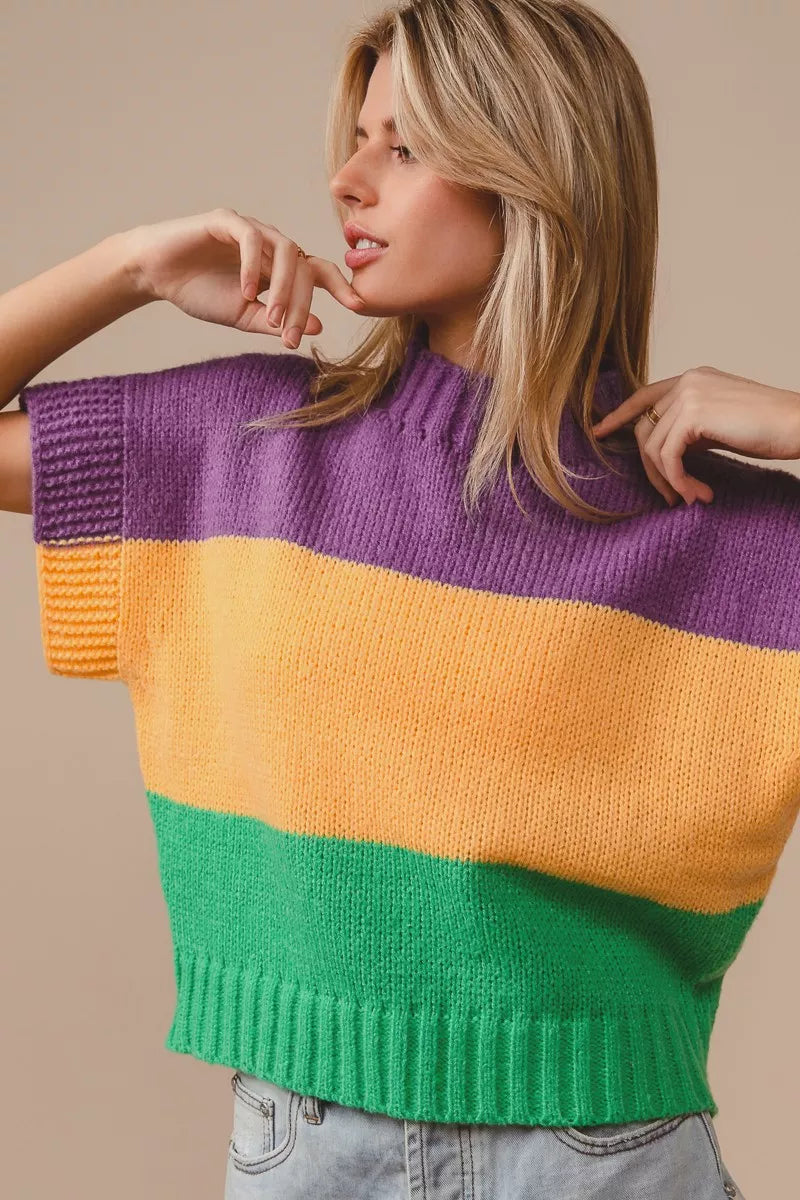 BiBi Mardi Gras Color Block Drop Shoulder Sweater Top
