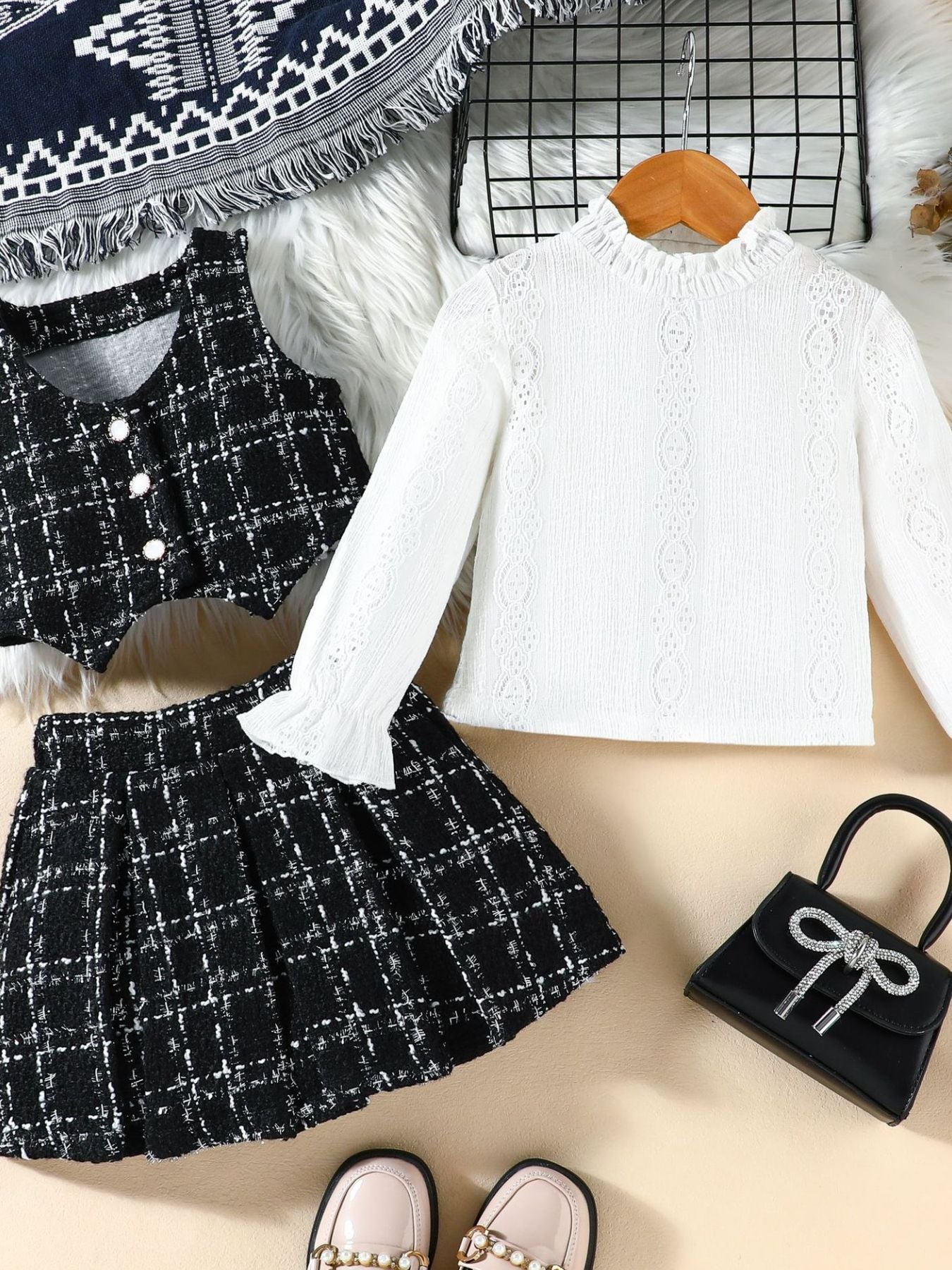 Children's Long Sleeve Top & Plaid Vest & Pleated Skirt Set