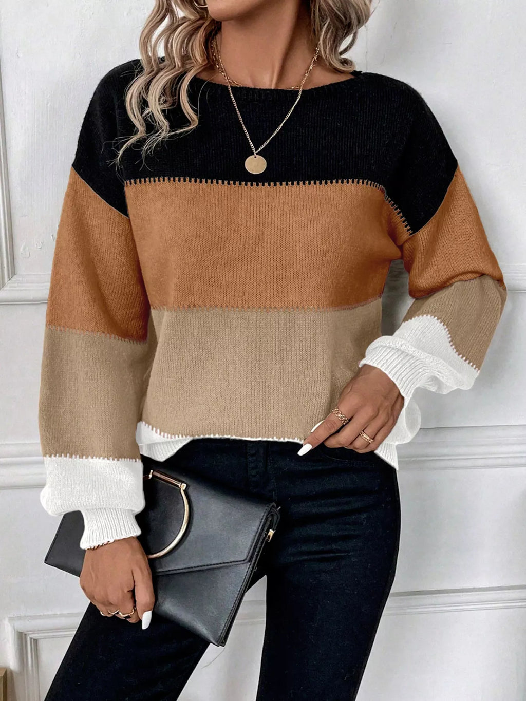 Color Block Round Neck Knit  Sweater