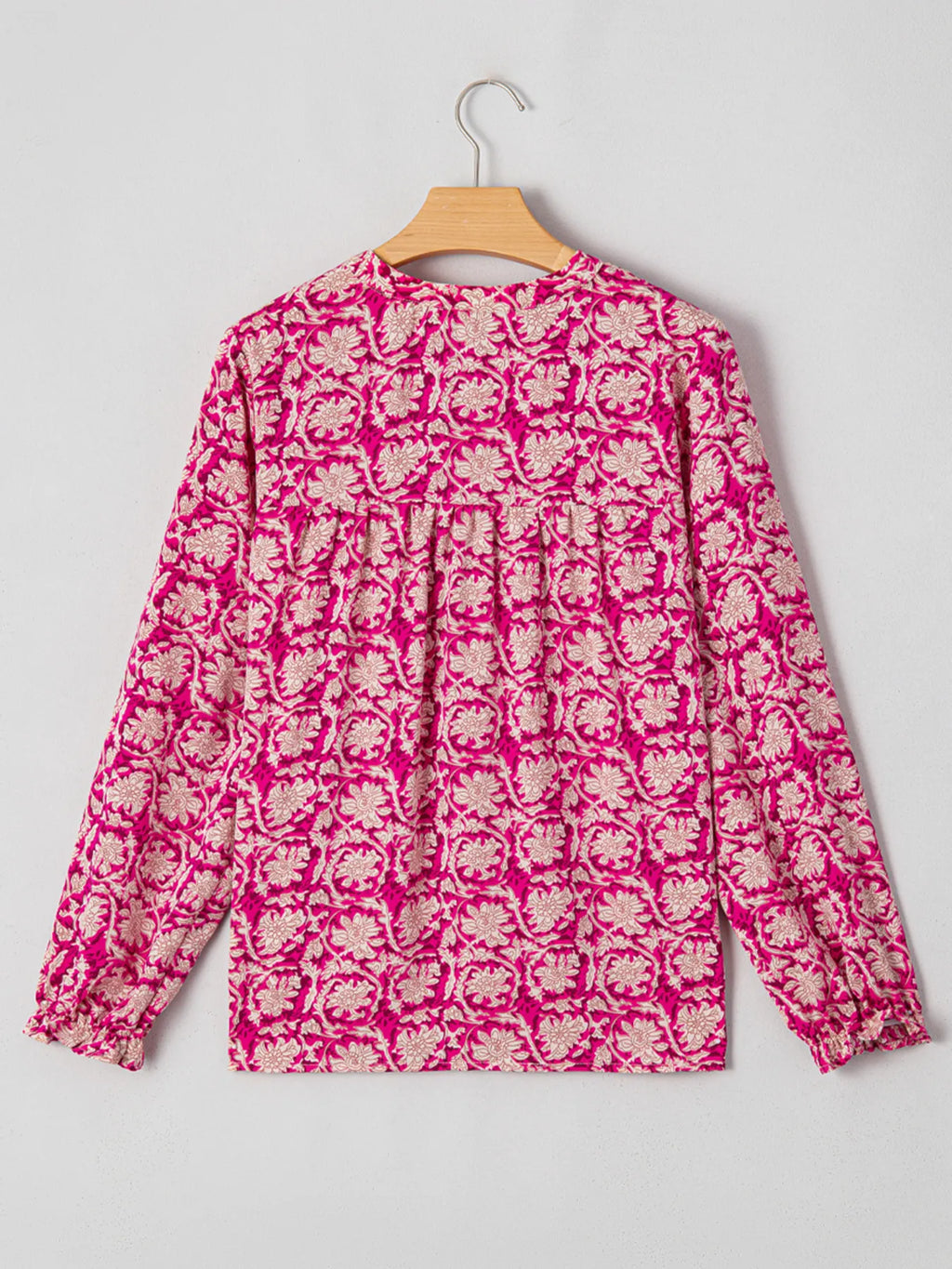Floral Print Split Neck Pleated Long Sleeve Blouse