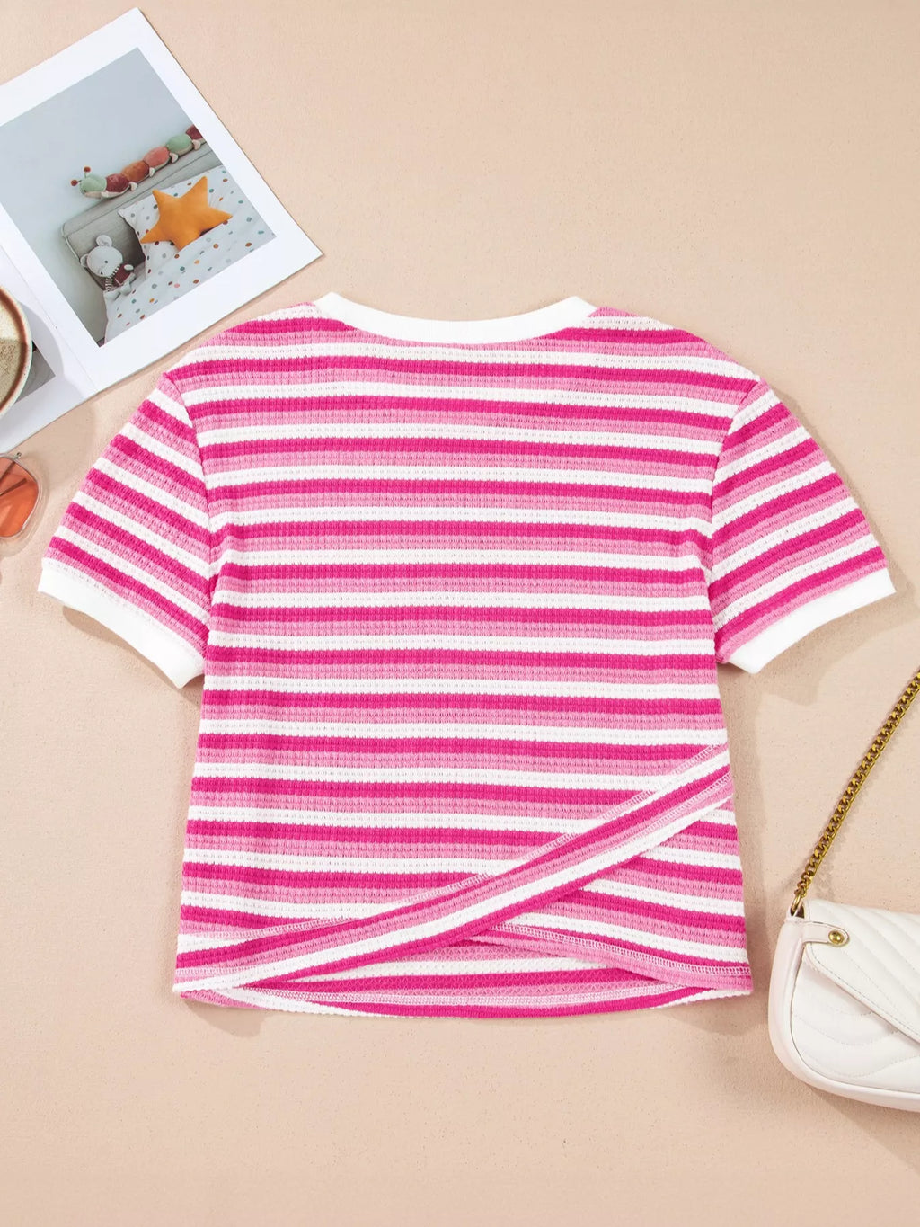 Textured Knit Short Sleeve Crossed Detail Tee