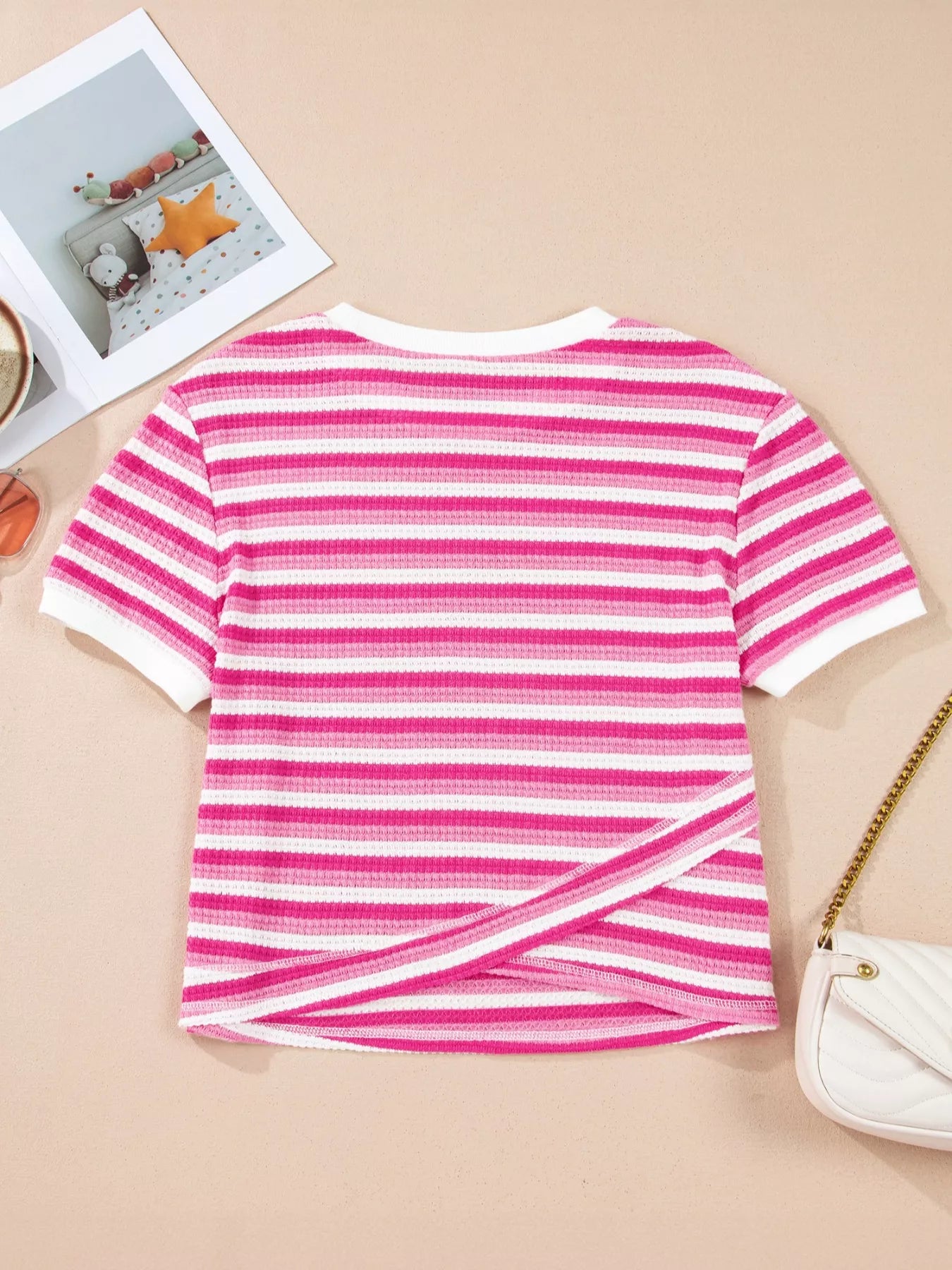 Textured Knit Short Sleeve Crossed Detail Tee