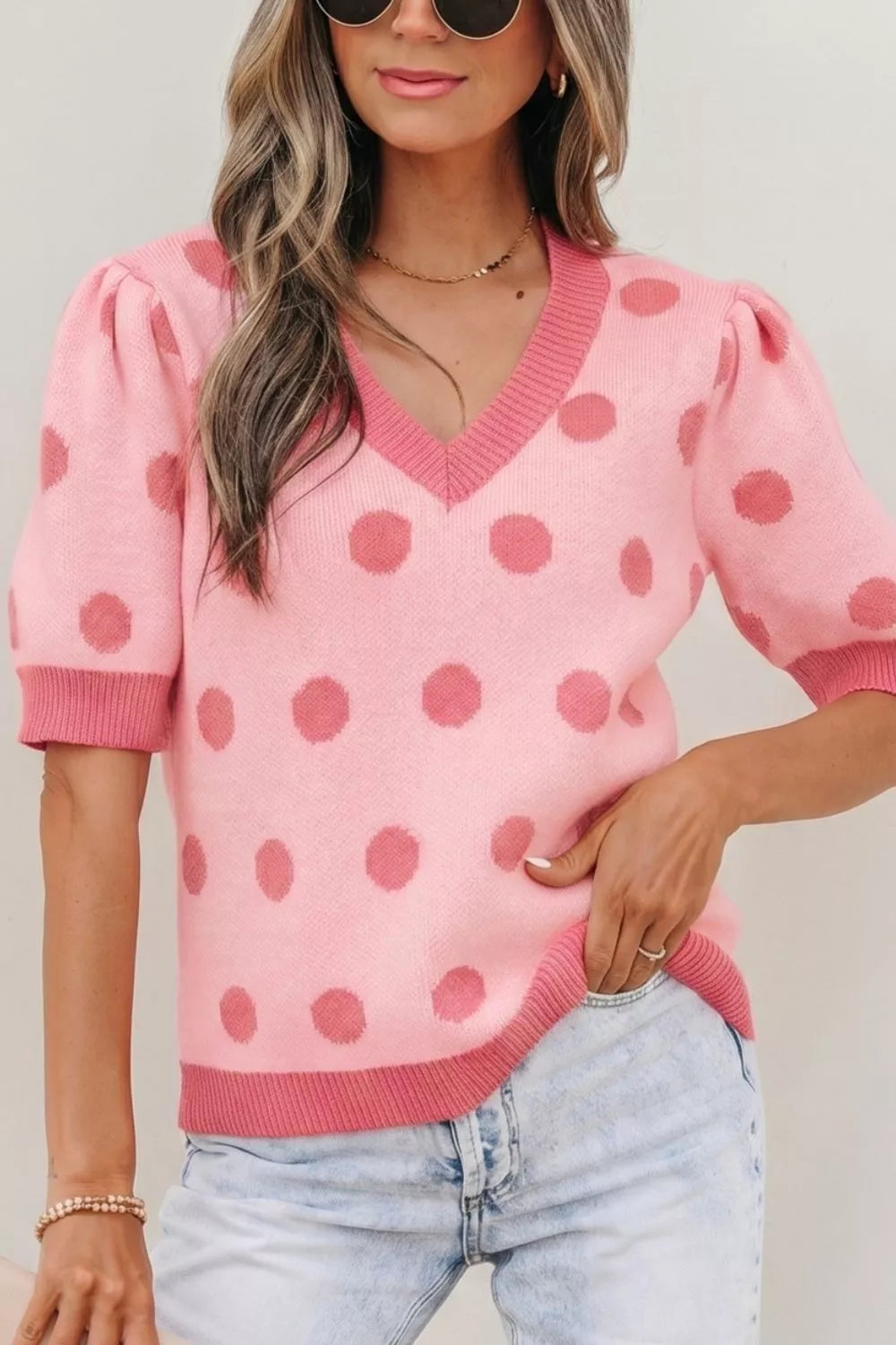 Polka Dot Puff Short Sleeve Sweater Top
