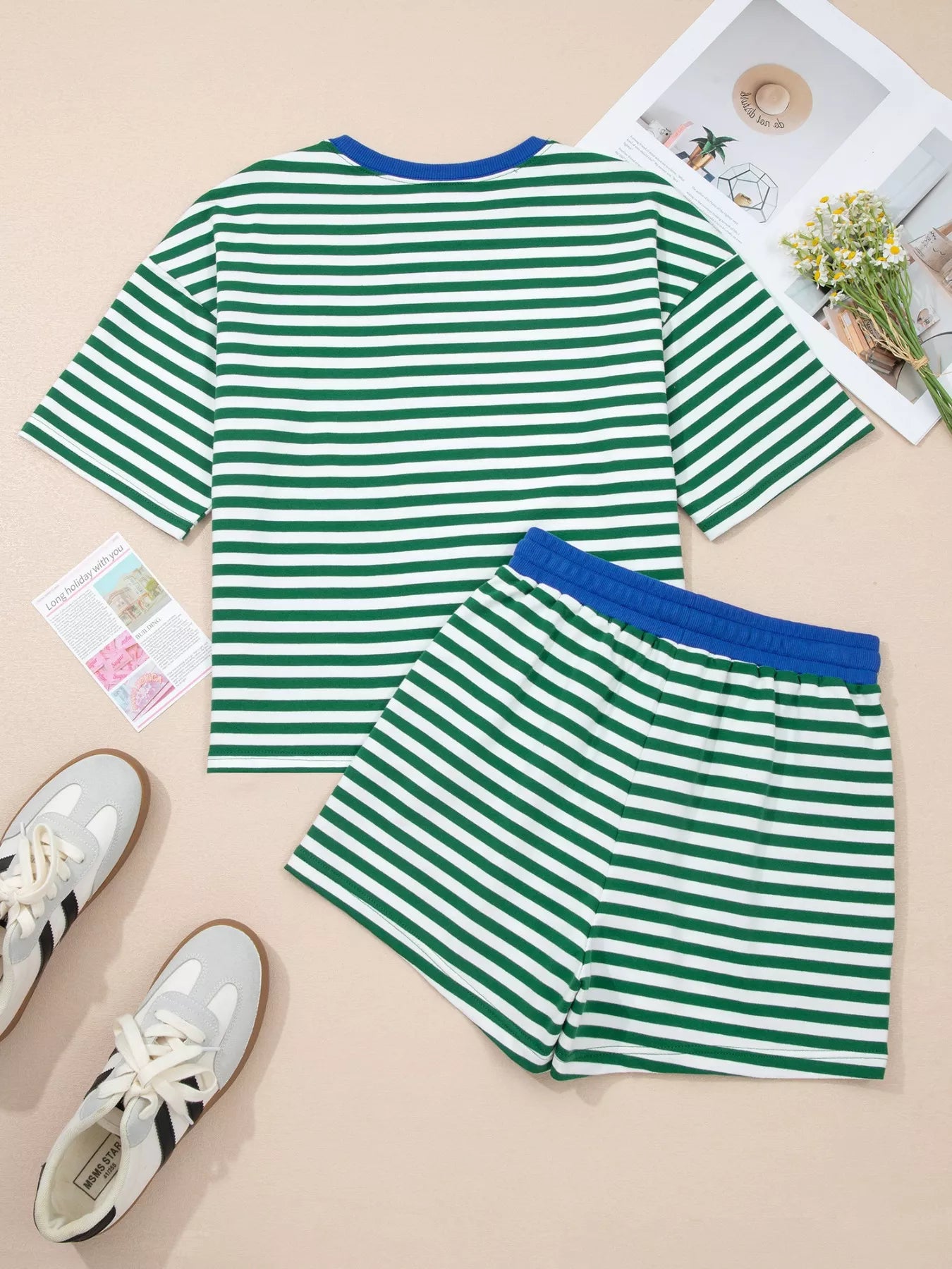 Stripe Boxy Tee and Drawstring Elastic Waist Shorts Set