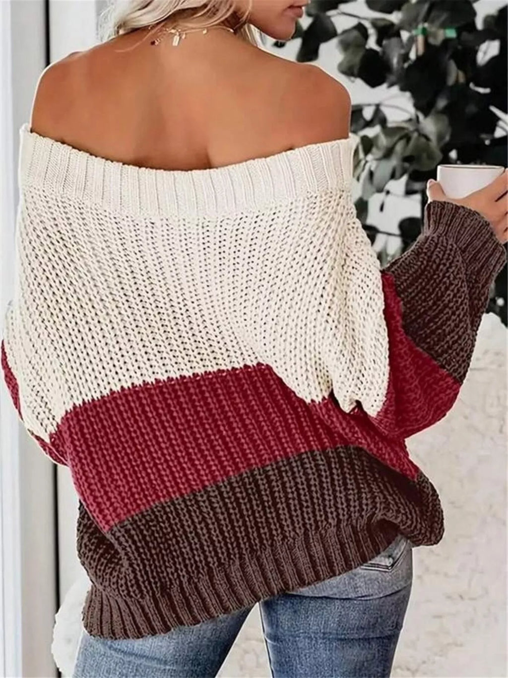 Off-Shoulder Color Block Sweater