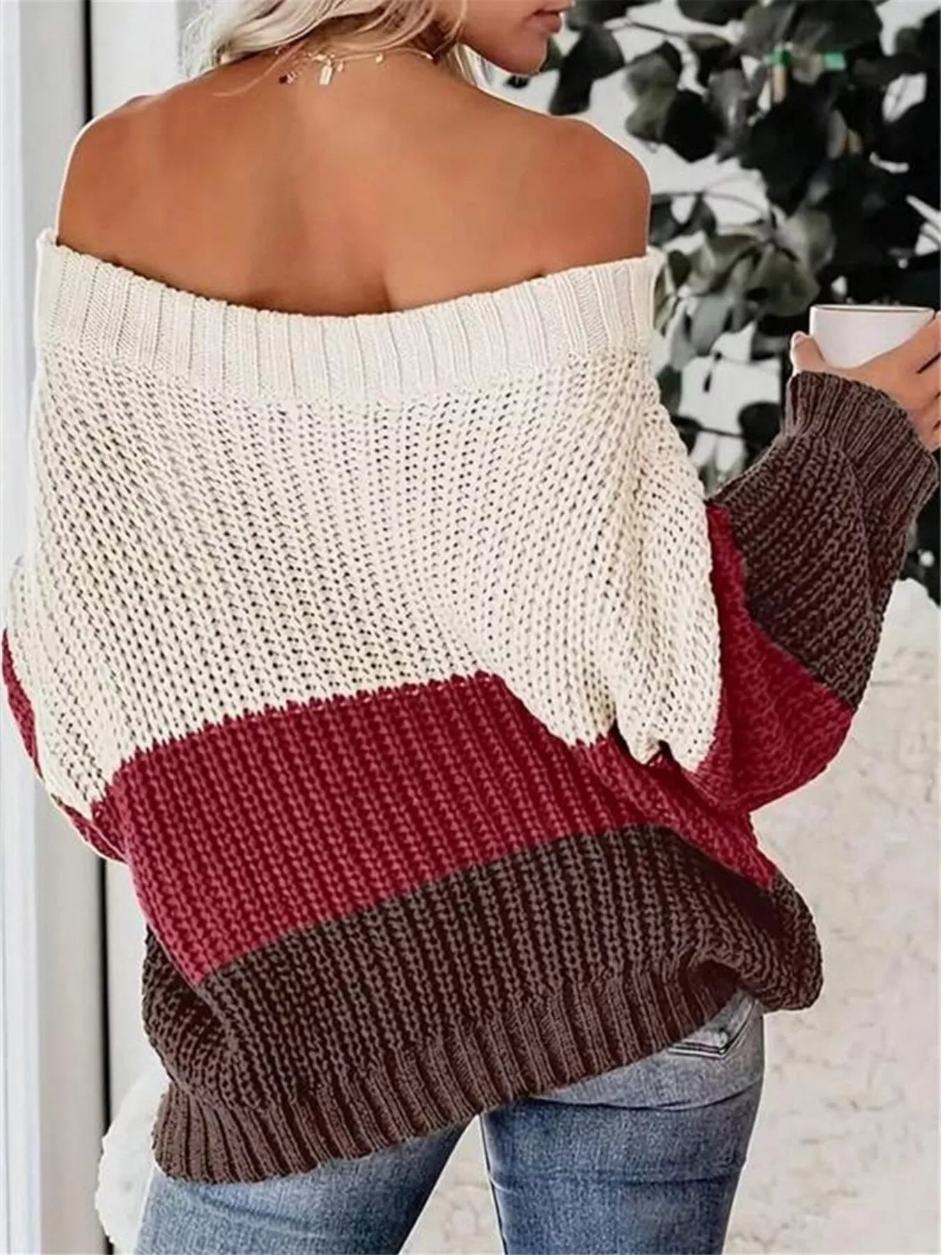 Off-Shoulder Color Block Sweater
