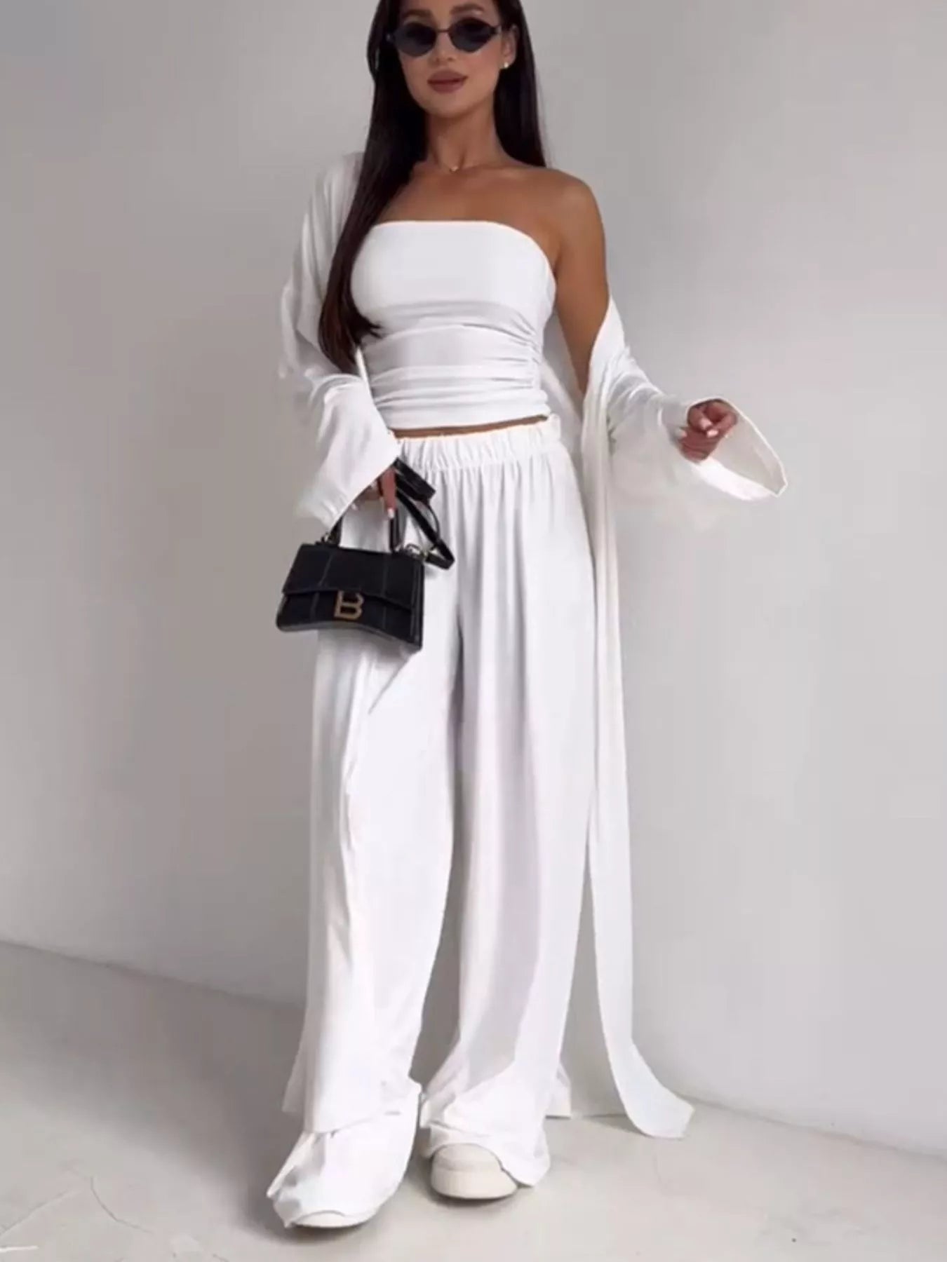 Tube Top & Cardigan & Wide Leg Pants 3-Piece Set