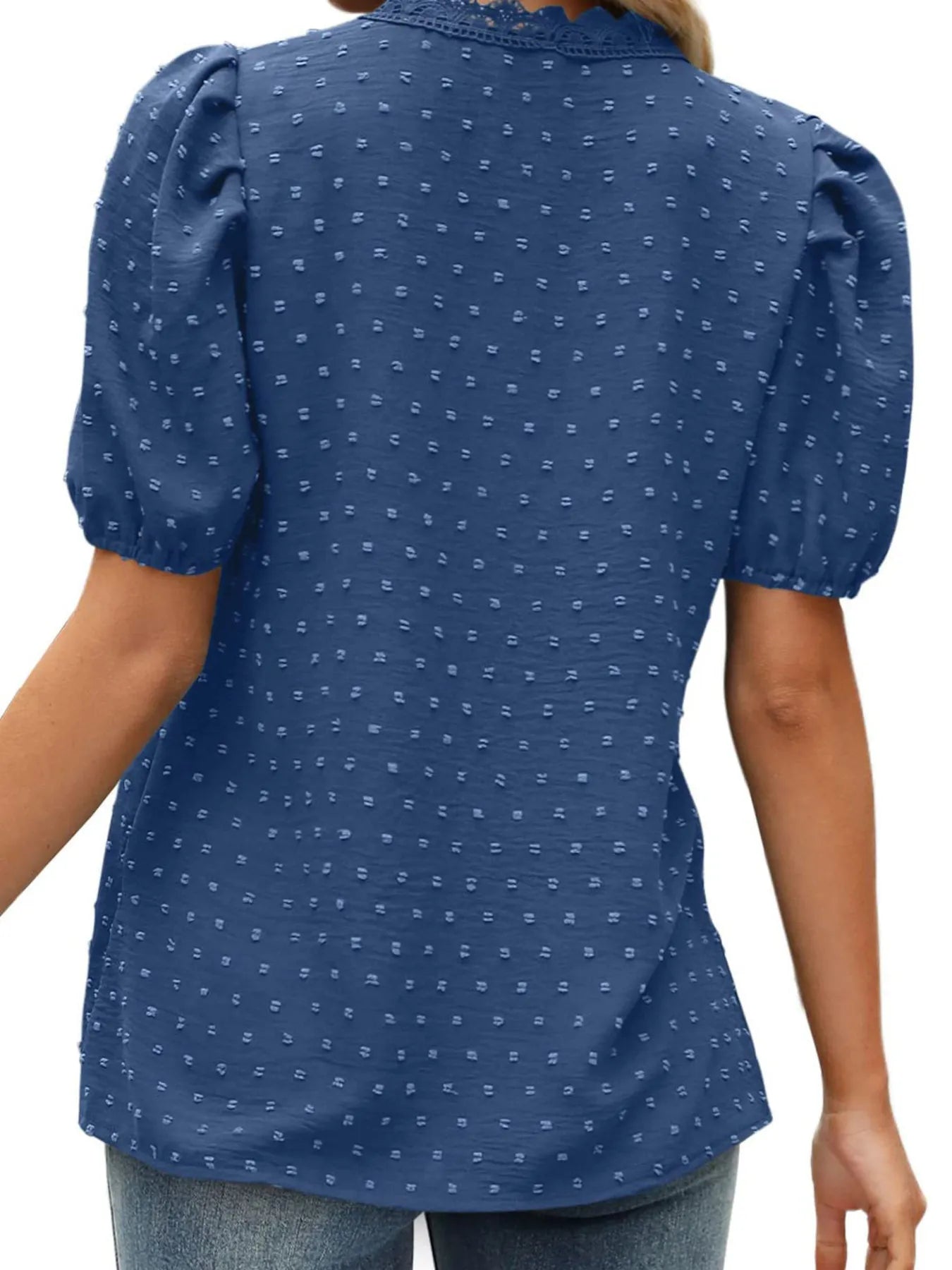 Puff Sleeve Swiss Dot Lace Trim Blouse