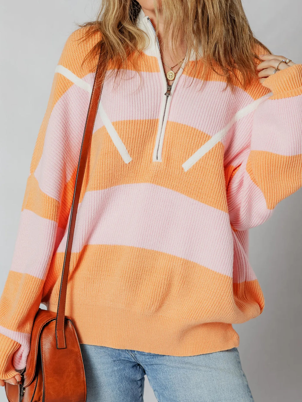 Stripe Color Block Half Zip Oversize Sweater