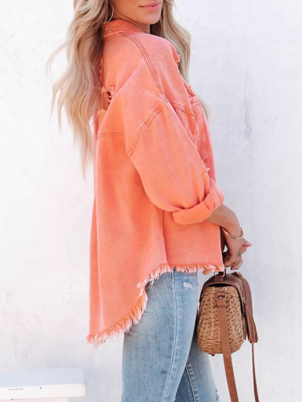 Raw Hem Button Up Denim Shacket