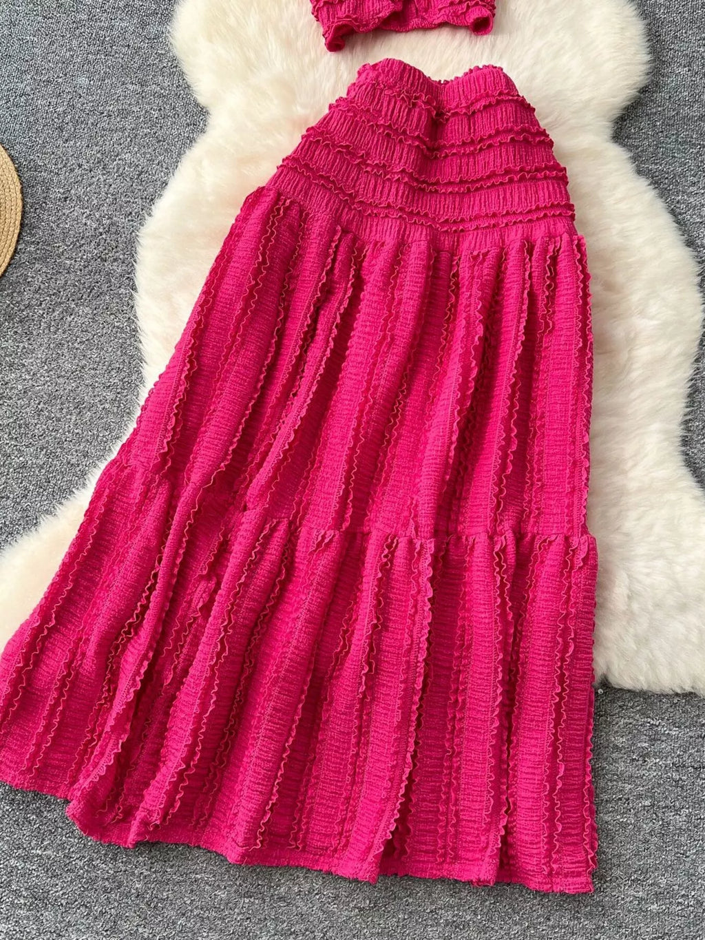 Textured Crop Top and Tiered Skirt Set