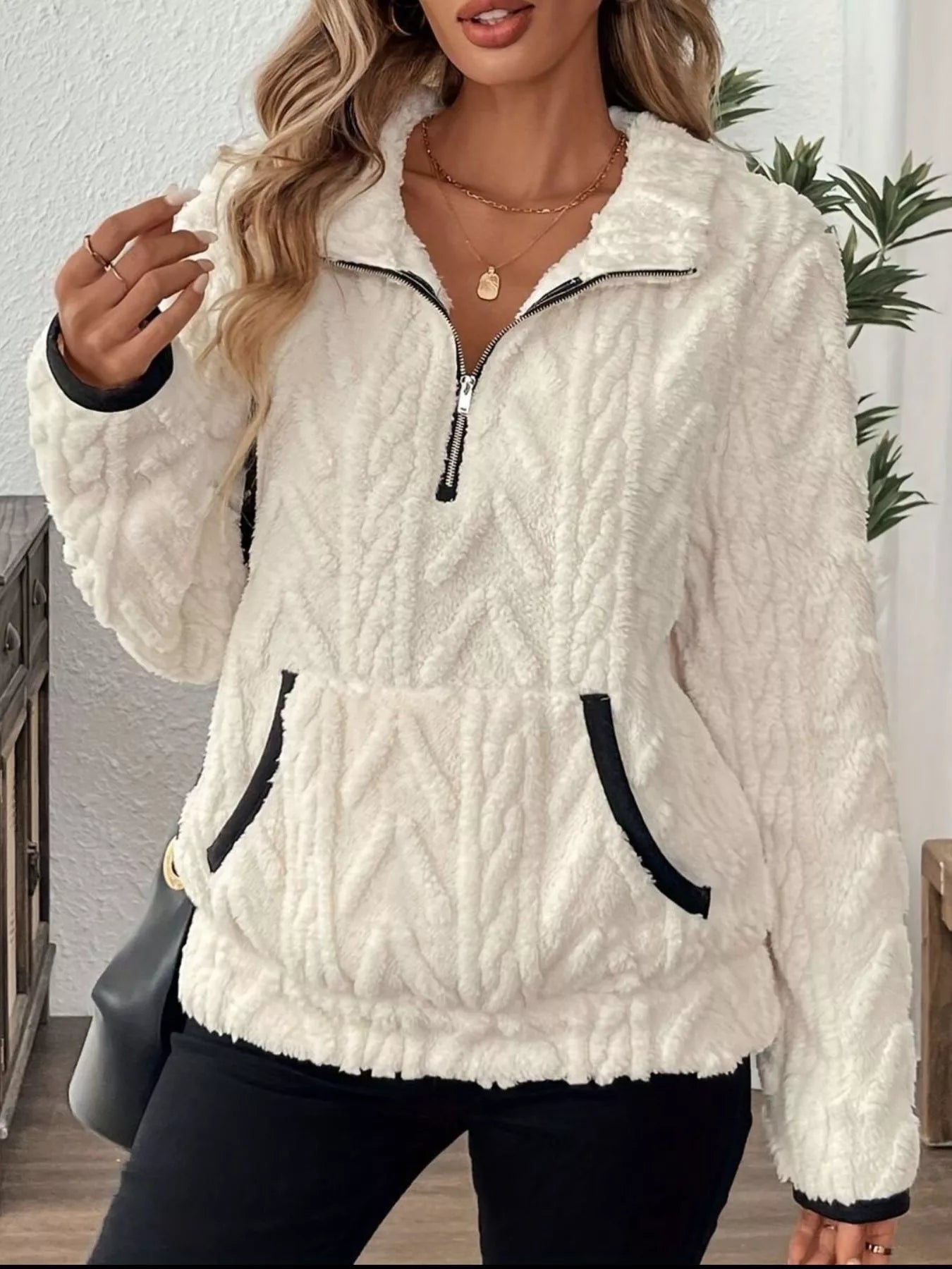 Full Size Half Zip Kangaroo Pocket Sweatshirt Plus Size
