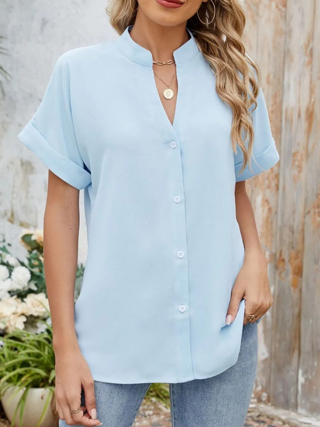 Notched Short Sleeve Blouse