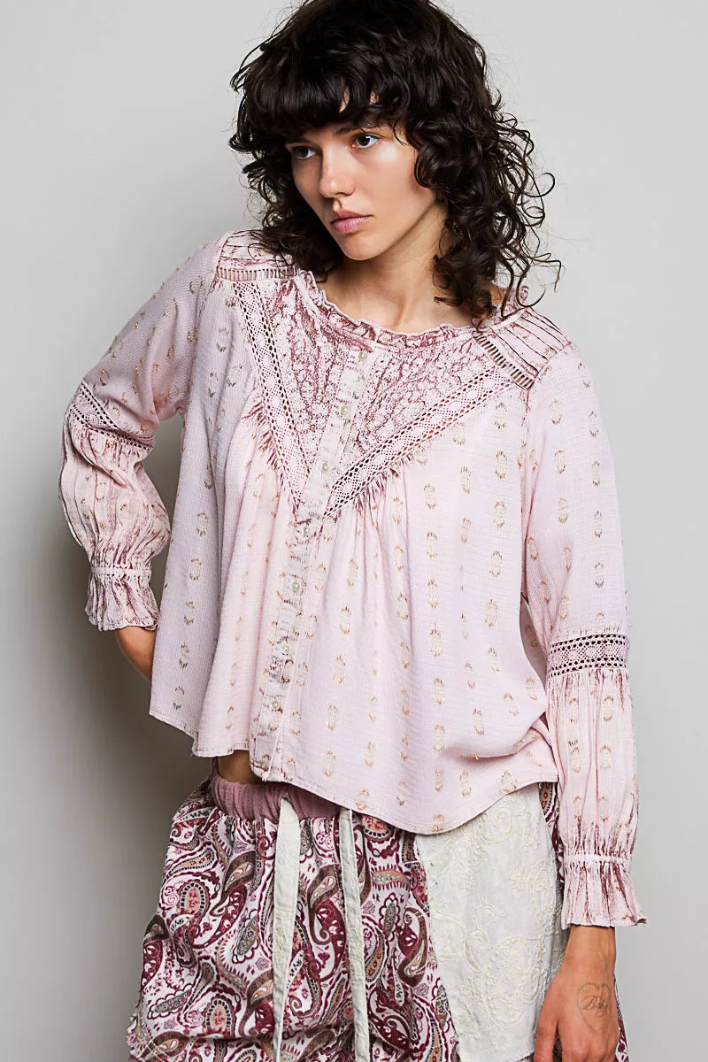 POL Mixed-Pattern Lace Detail Blouse