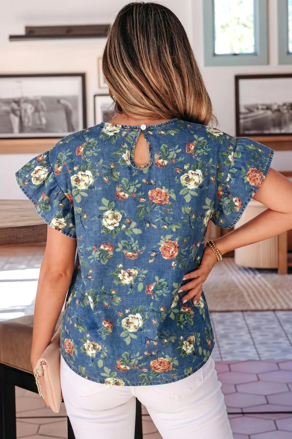 Ruffled Short Sleeve Floral Denim Top