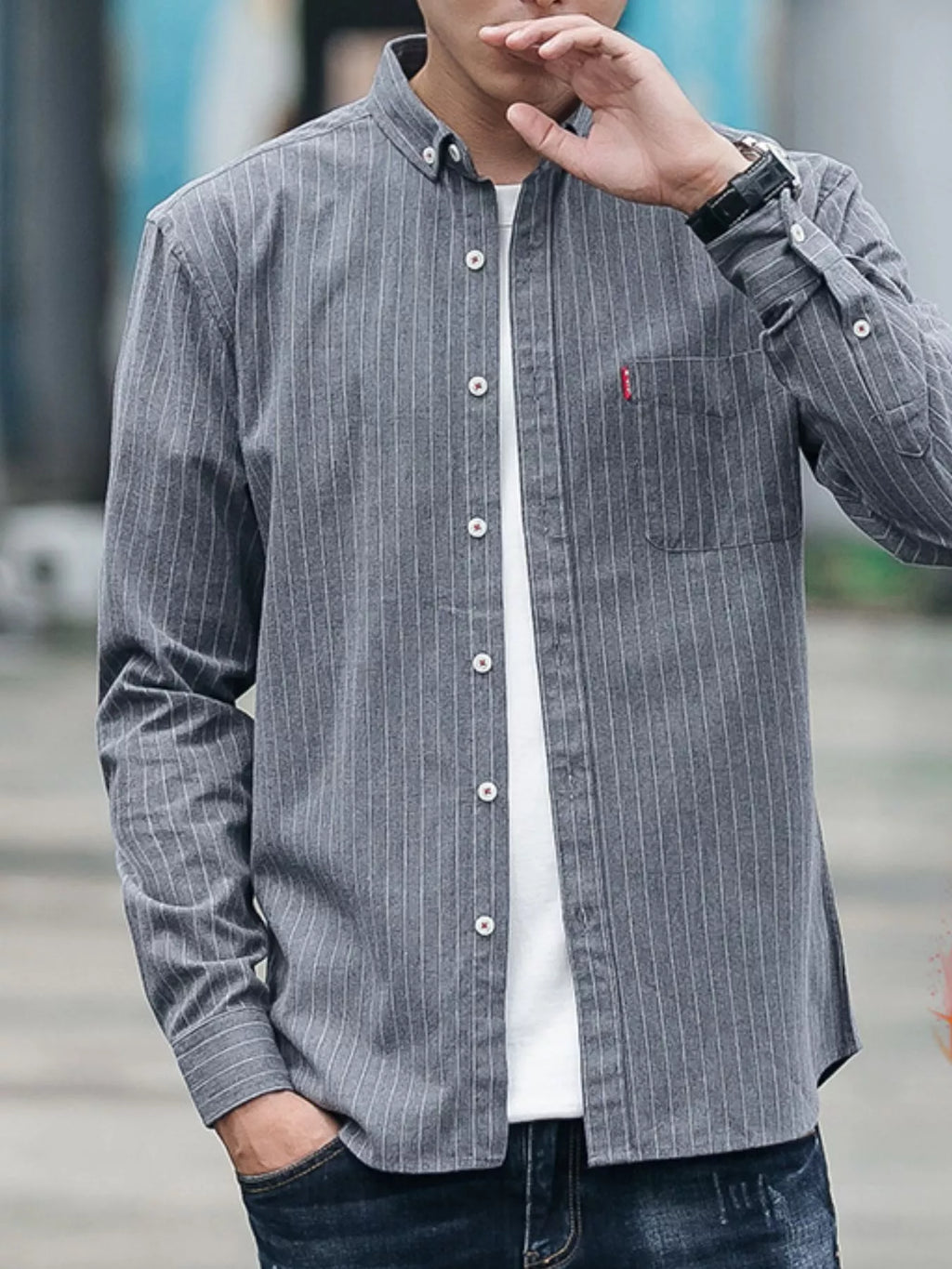 Men's Full Size Fleece Lined Striped Shirt Plus Size