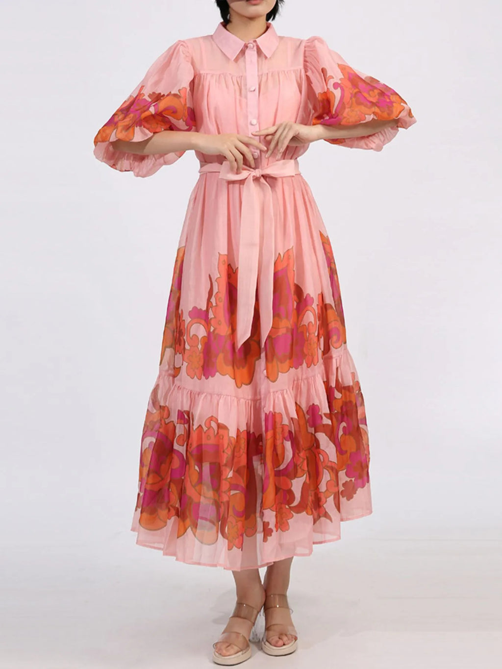 Button Front Puff Sleeve Dress