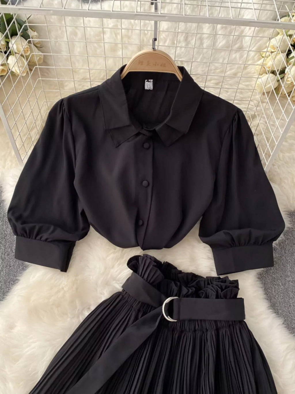 Puff Sleeve Shirt and Pleated Skirt Set