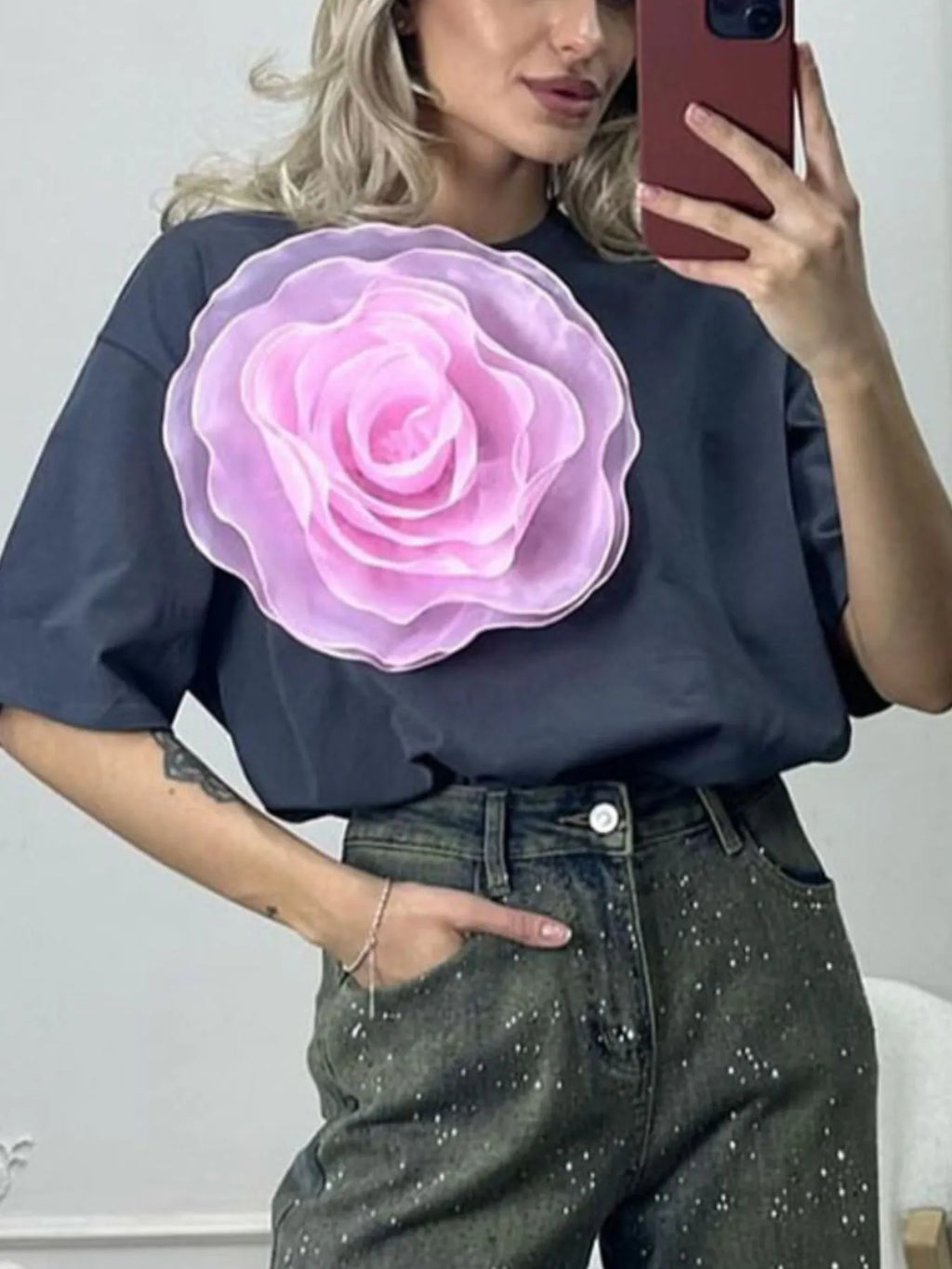 Flower Round Neck Short Sleeve T-Shirt