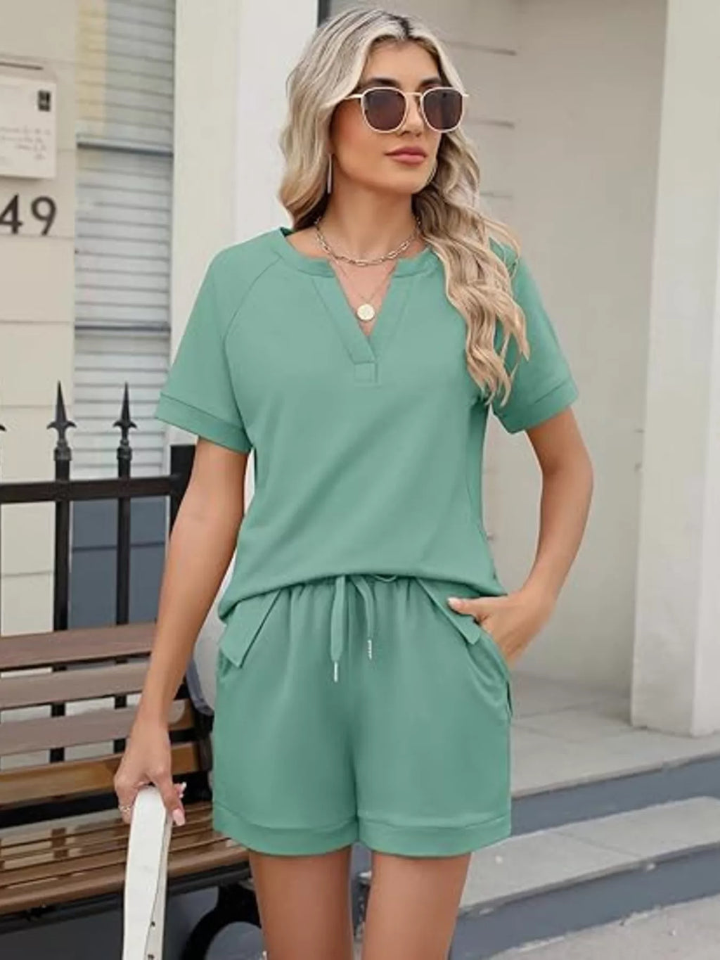 Solid Color Short Sleeve Top and Shorts Two-Piece Set
