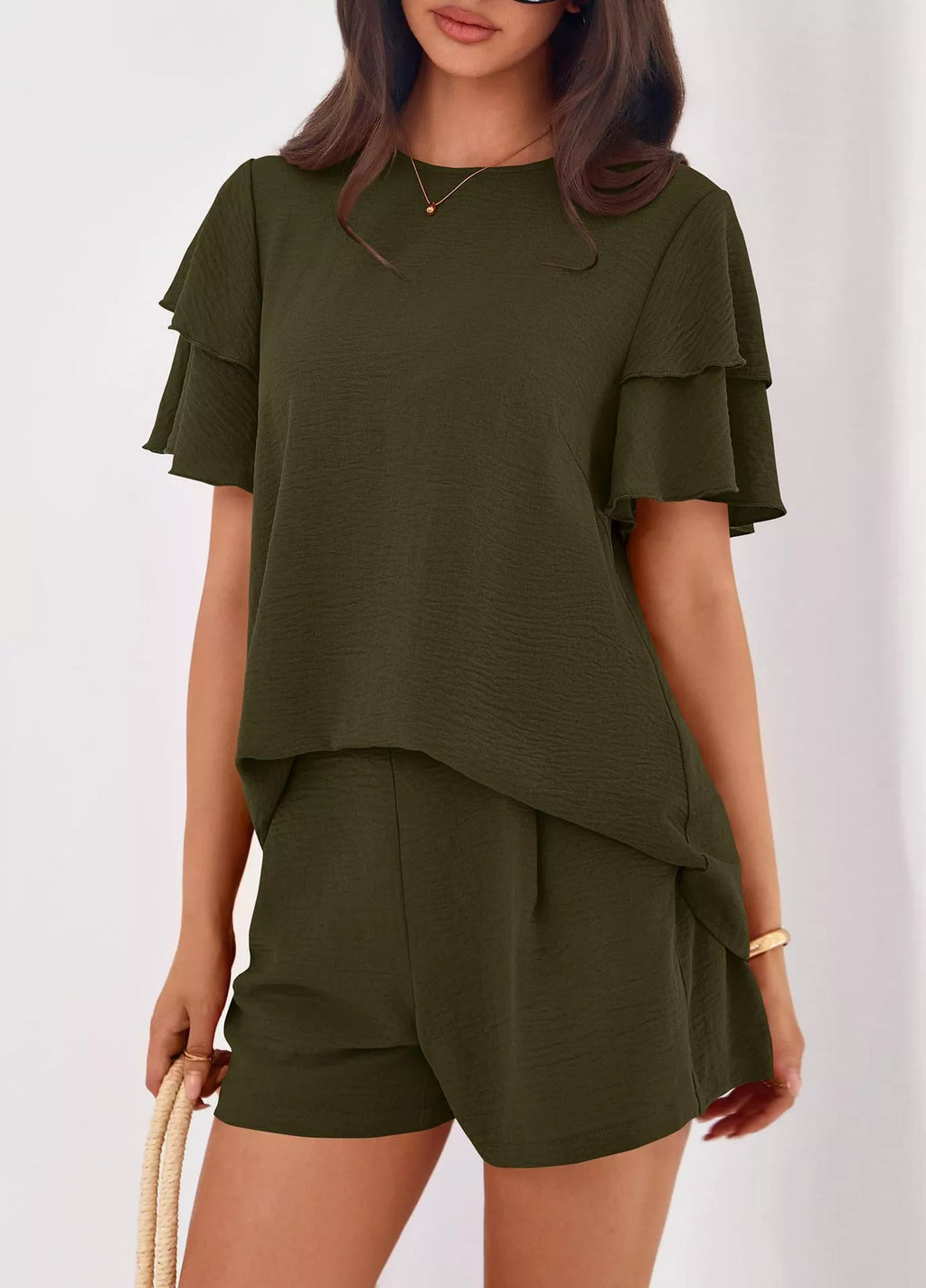 Ruffle Sleeve Top and Shorts Two-Piece Set