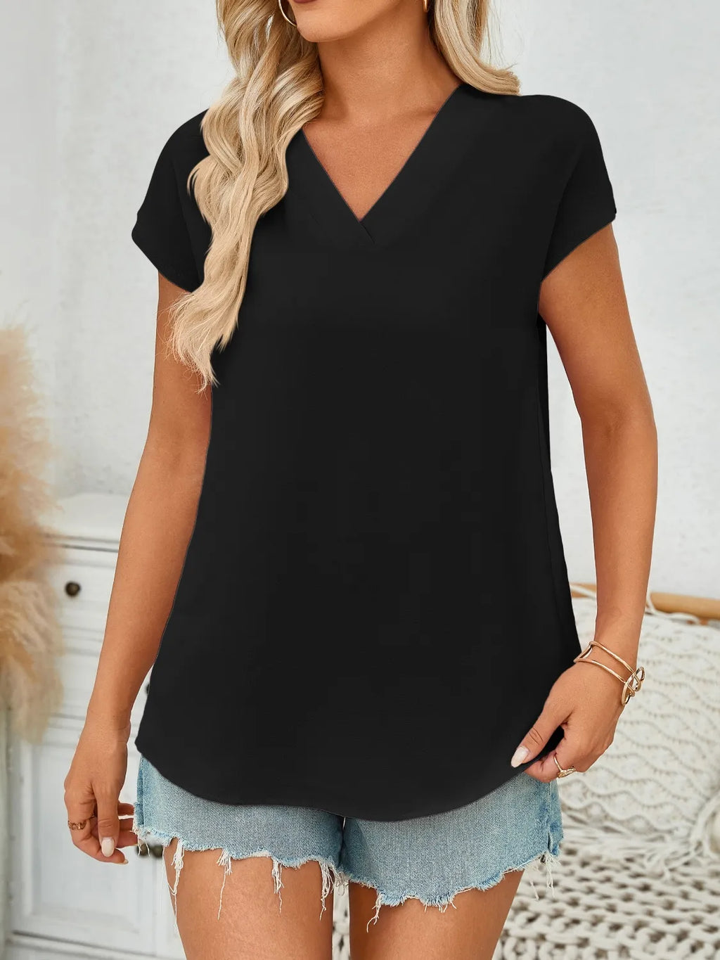 V-Neck Cap Sleeve Blouse
