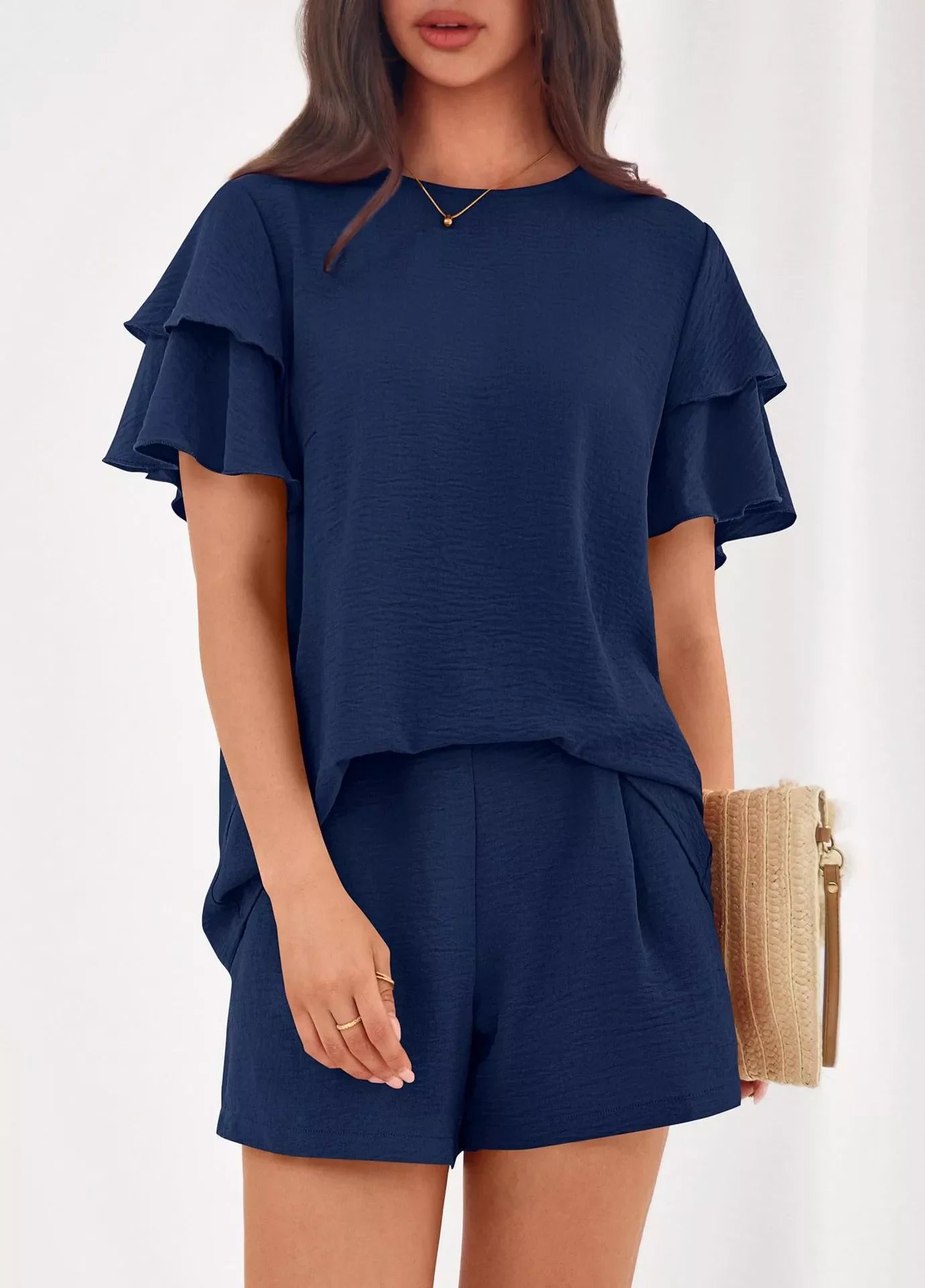 Ruffle Sleeve Top and Shorts Two-Piece Set