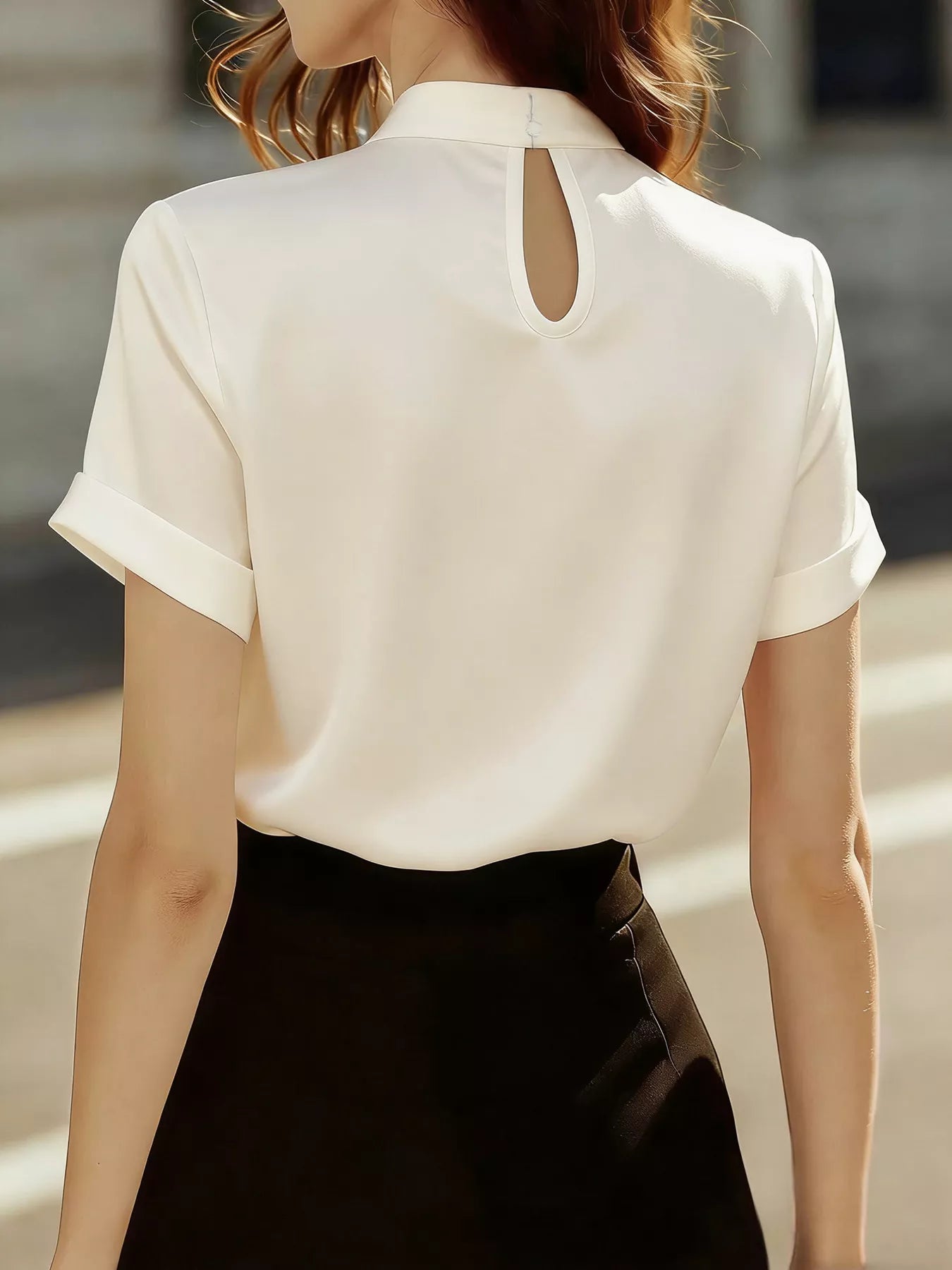Satin Keyhole Short Sleeve Blouse