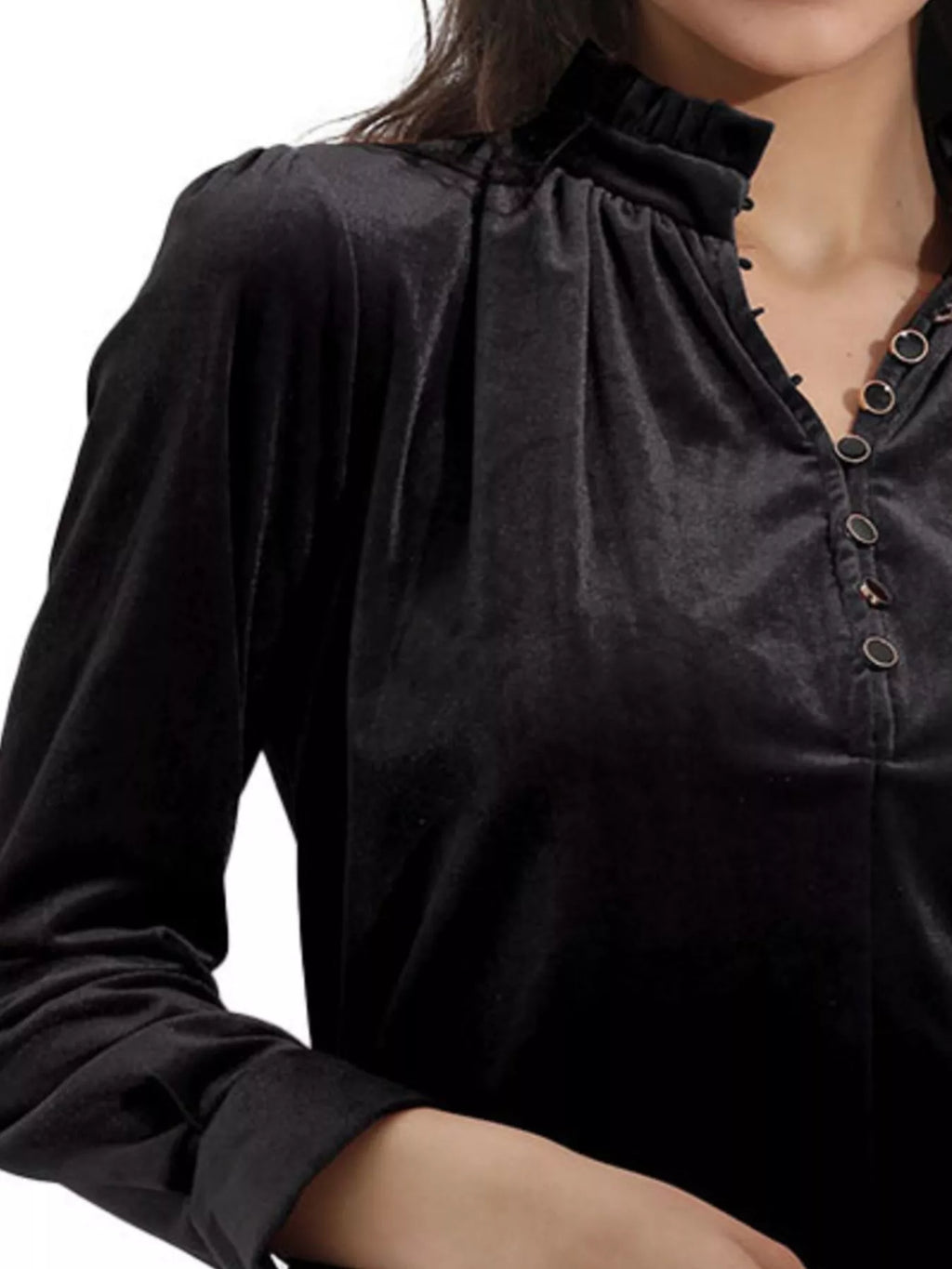 Elegant Velvet Ruffle Neck Blouse