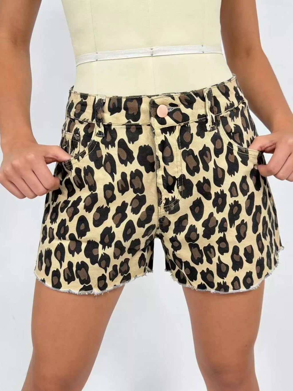 Leopard Print High-Waisted Denim Shorts
