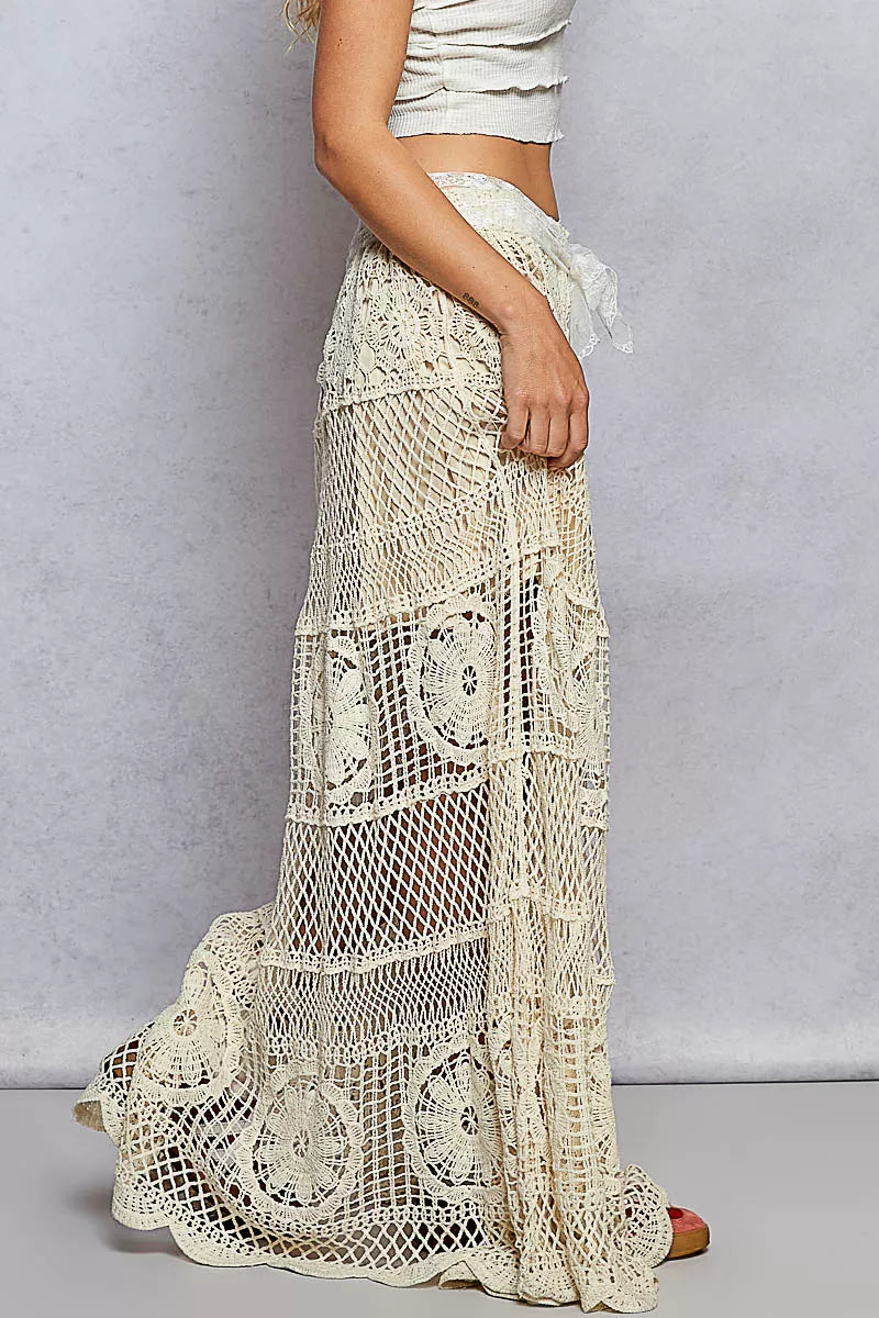 POL Crochet Floral Flared Skirt with Elastic Waist Band