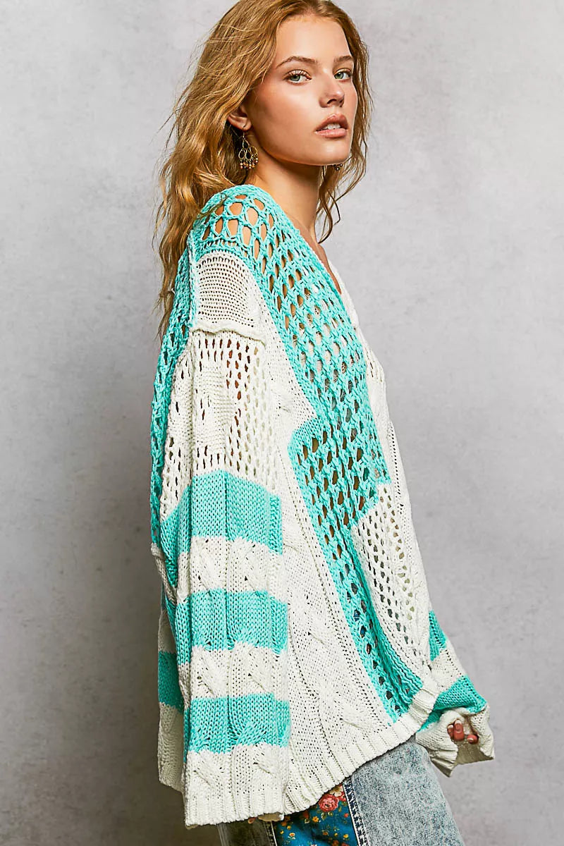 POL Color-Blocked Stripe Pattern Knit Top with Twisted Weave